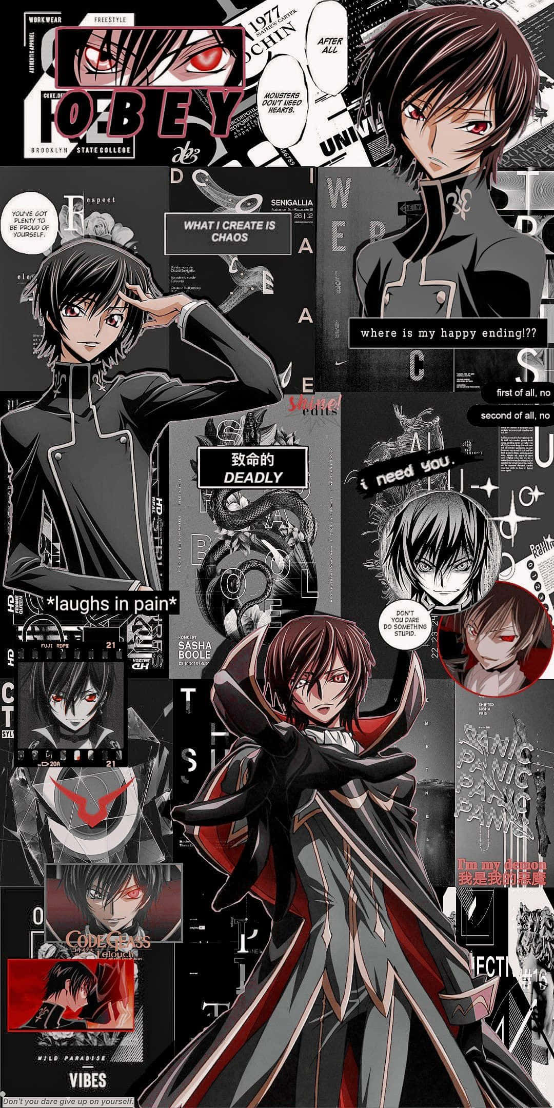 Code Geass Lelouch 黑色拼貼藝術壁紙 壁紙 — 一張黑暗動漫拼貼畫，以一個陰鬱的男性角色為特色，紅眼睛、黑色服裝，周圍環繞著文字引用和碎片化的圖像。