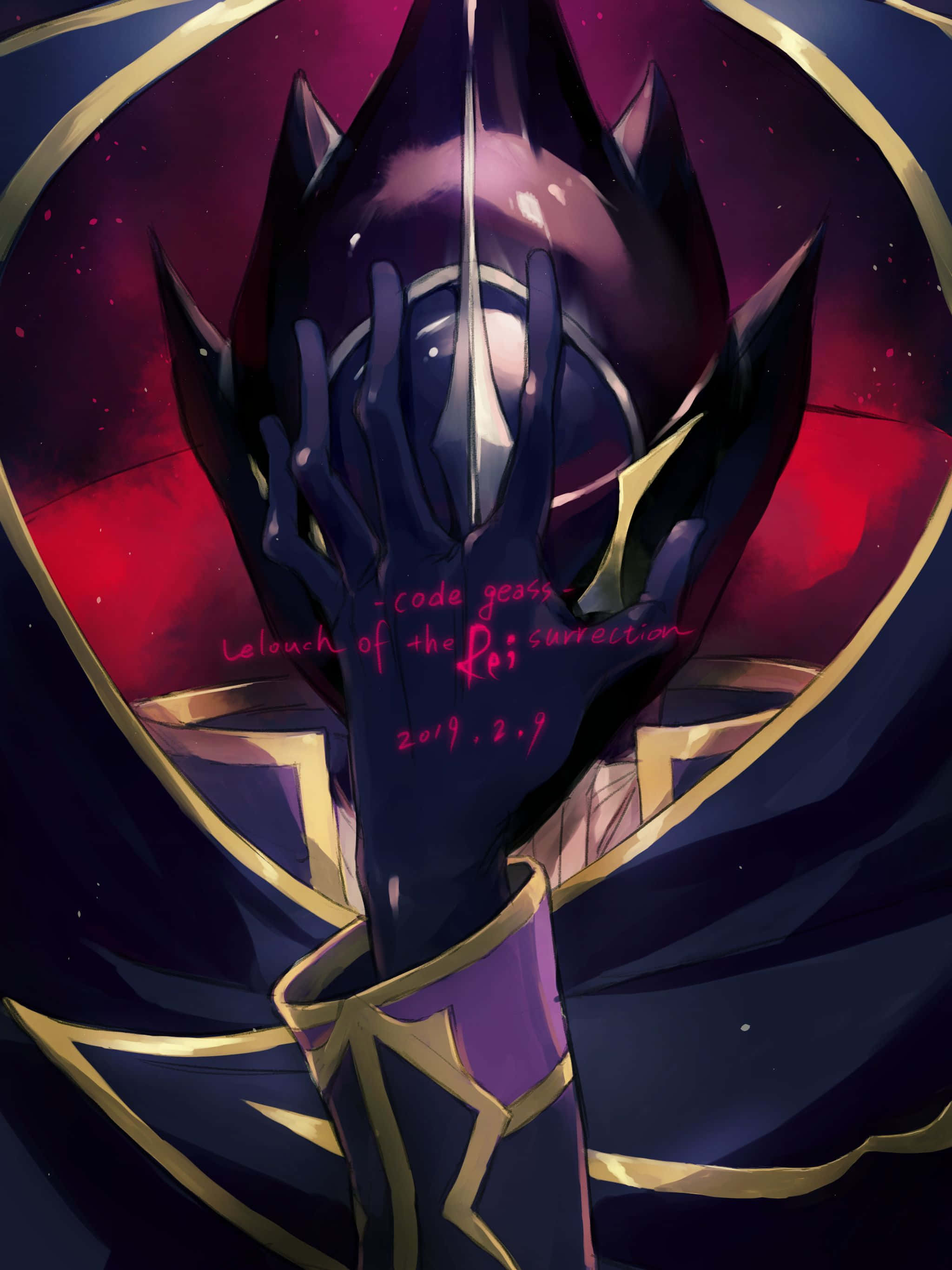 《Code Geass》Zero面具圖像 壁紙 — 一個黑暗的動漫角色，擁有發光的眼睛和金色盔甲，手持發光的劍，背景是宇宙紅色和紫色。