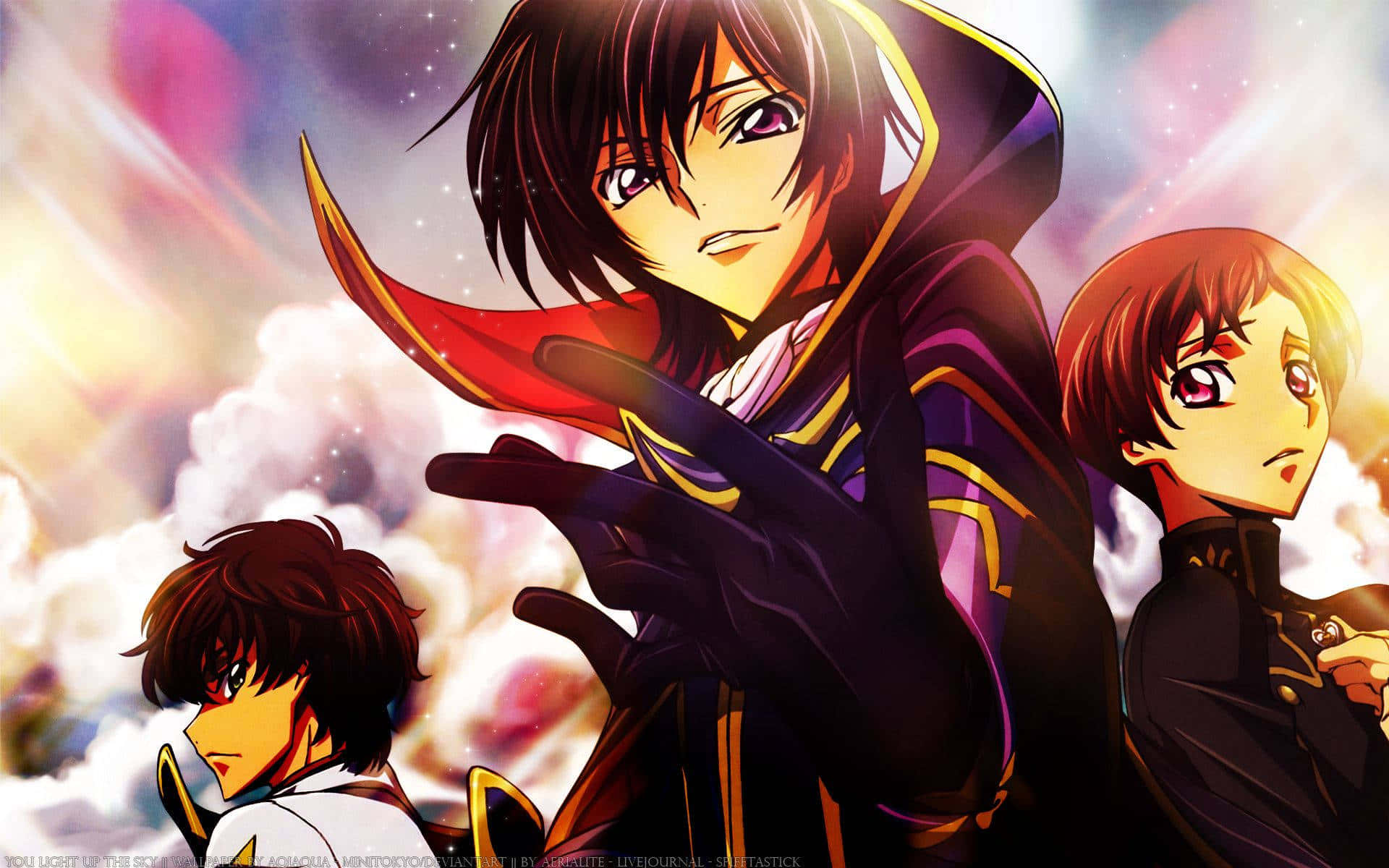 《Code Geass》三人組圖像 壁紙 — 三個表情戲劇化的動漫角色站在充滿雲朵和星光的發光宇宙天空前。