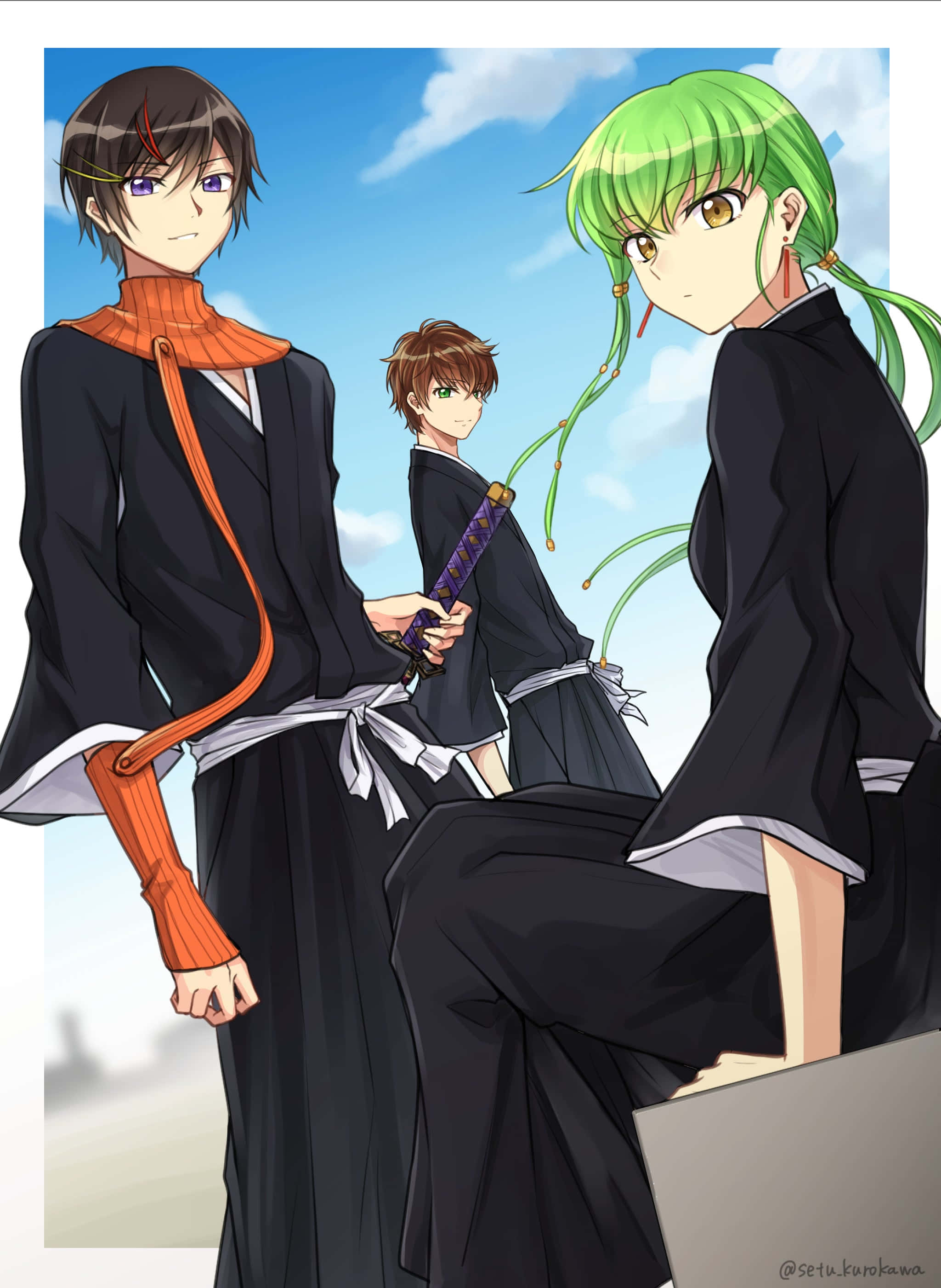 Code Geass 三人組穿阿什福德學院制服畫面 壁紙 — 三個穿著黑色傳統服裝的動漫角色站在晴朗的藍天白雲下。