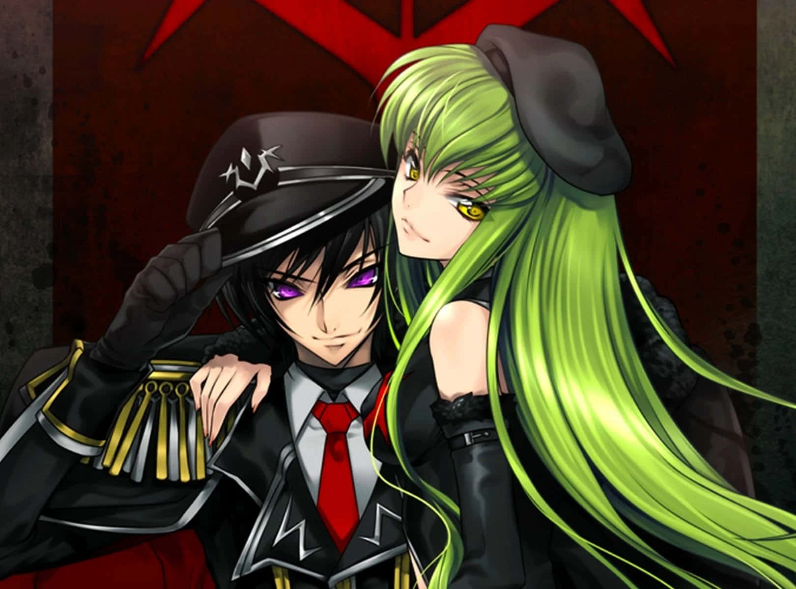 《Code Geass》世界的壯麗風景 壁紙 — 兩個穿著深色制服嘅動漫角色喺紅色星星背景下擁抱，帶有戲劇性燈光。