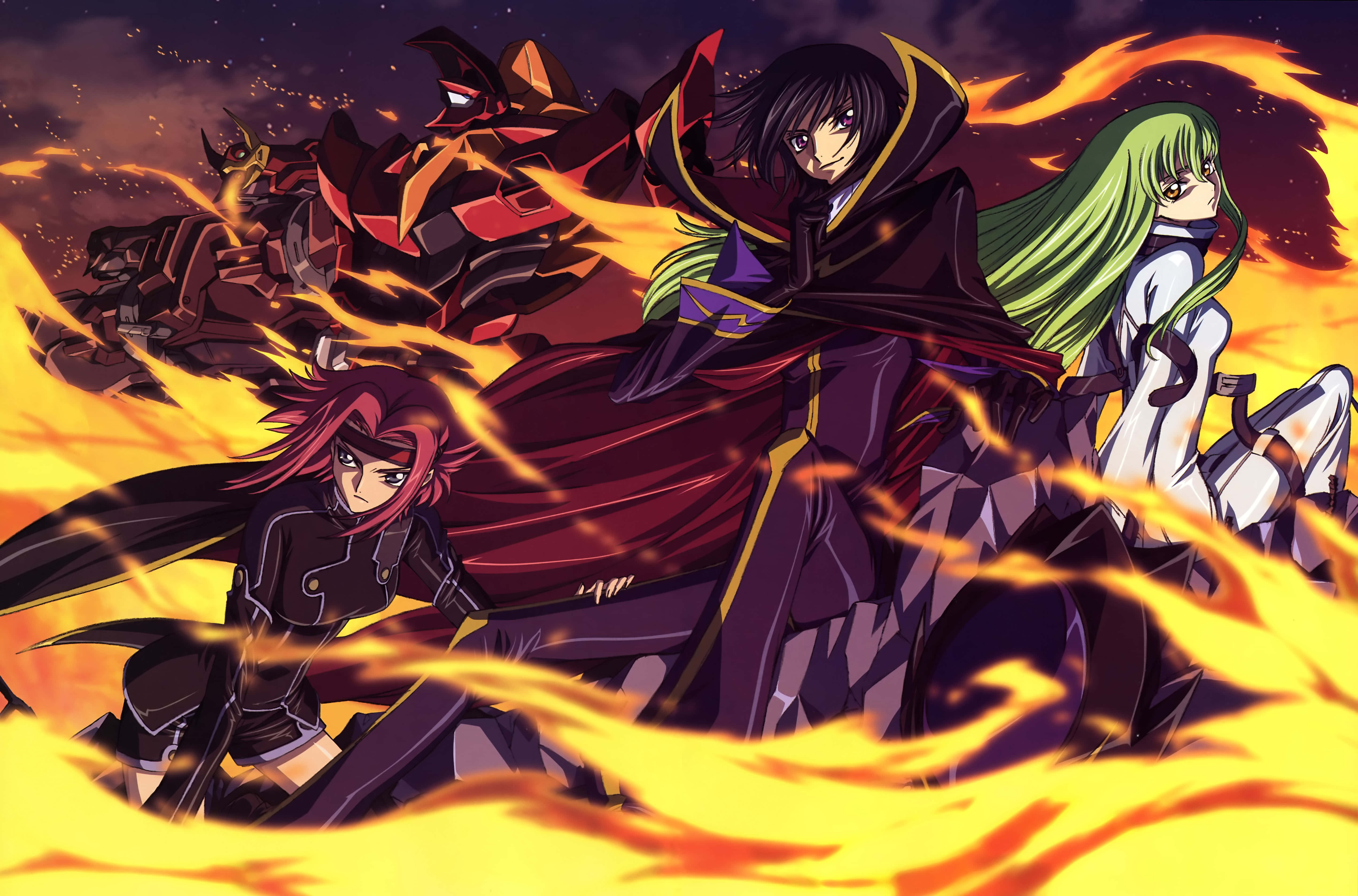 《Code Geass》中的亞瑞斯與卡利冬王廷，巴比倫城門 壁紙 — 三個身穿黑色斗篷的動漫角色在暴風雨的天空下，在咆哮的火焰中挑釁地站立。