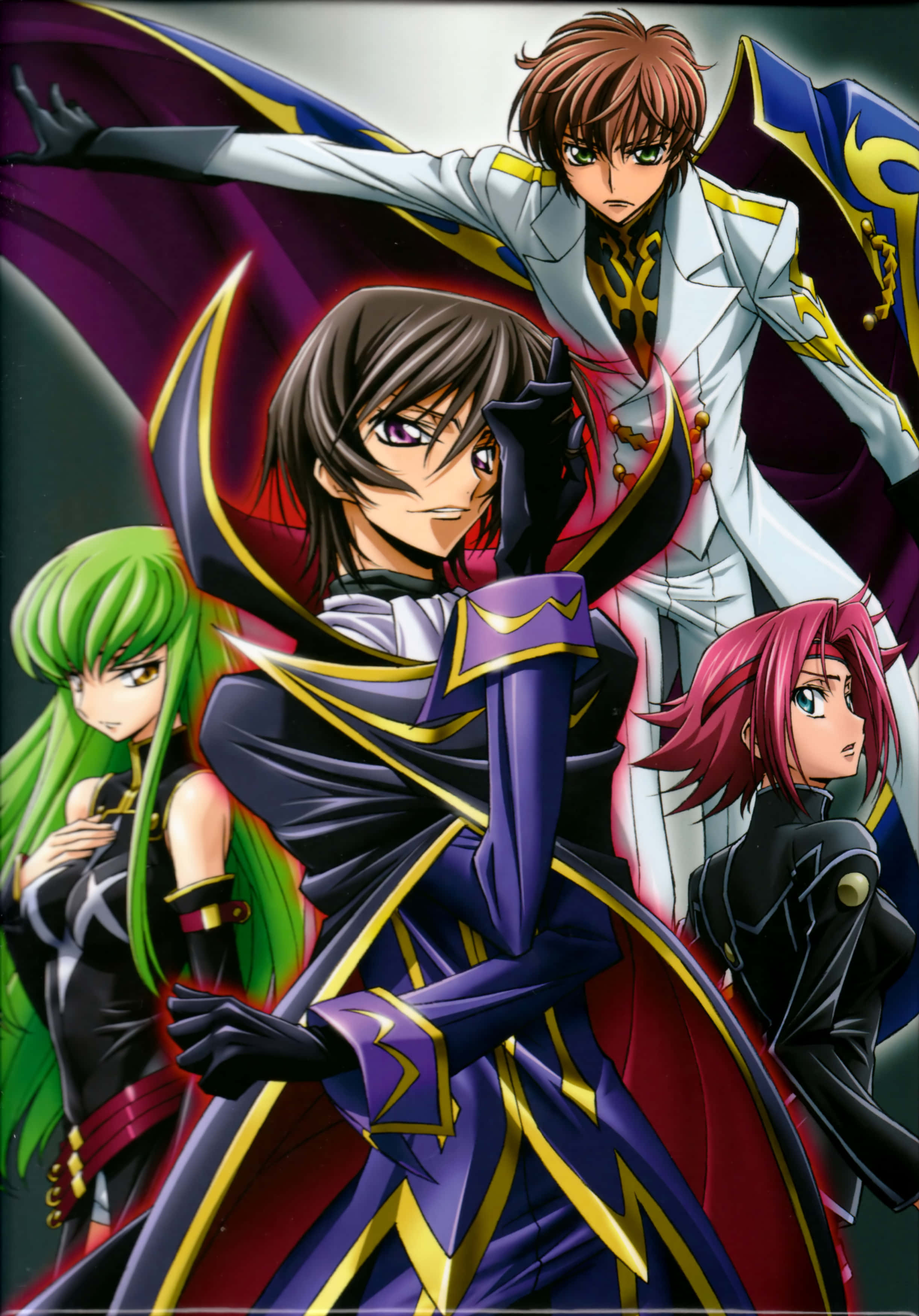 《Code Geass》主角魯路修·蘭佩路基，策劃下一步行動 壁紙 — 四個身穿精緻服裝的動漫角色在黑暗背景中帶有發光點綴，戲劇性地擺出姿勢。