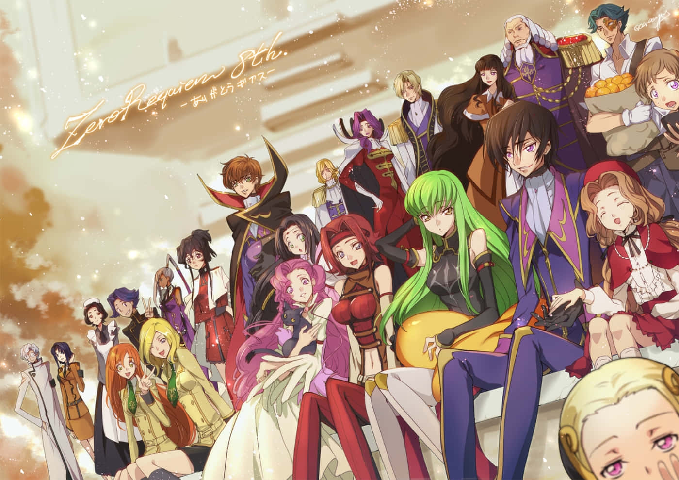 Code Geass 全角色集體圖 壁紙 — 一幅充滿活力的動畫群像，描繪了身著精緻服裝的多樣角色，背景是金色天空和閃爍的粒子。