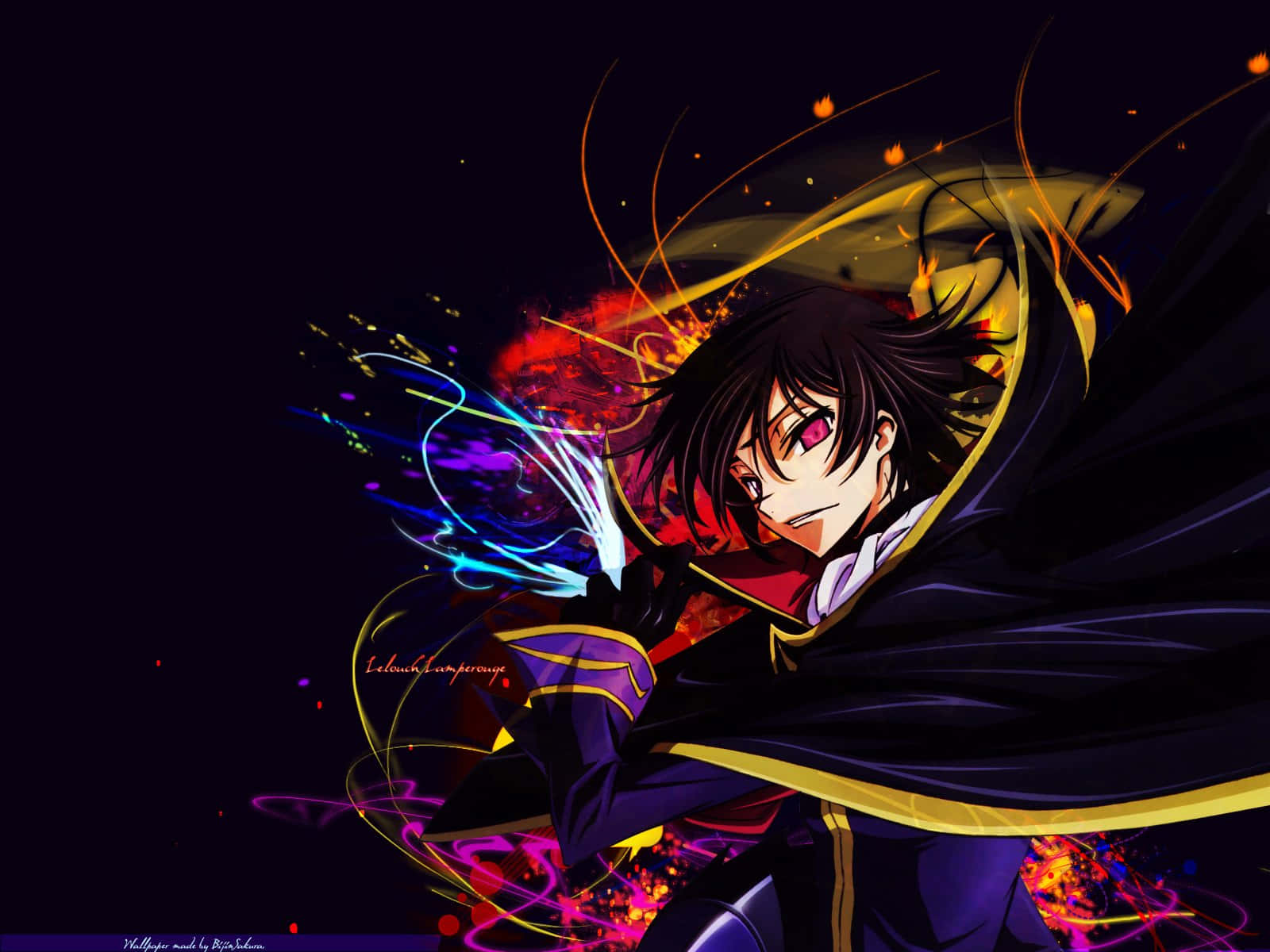 Code Geass 劇中主角魯路修沉思畫面 壁紙 — 動漫角色，黑髮紅眼，在黑色背景上揮舞著發光的魔法，伴隨著火花。