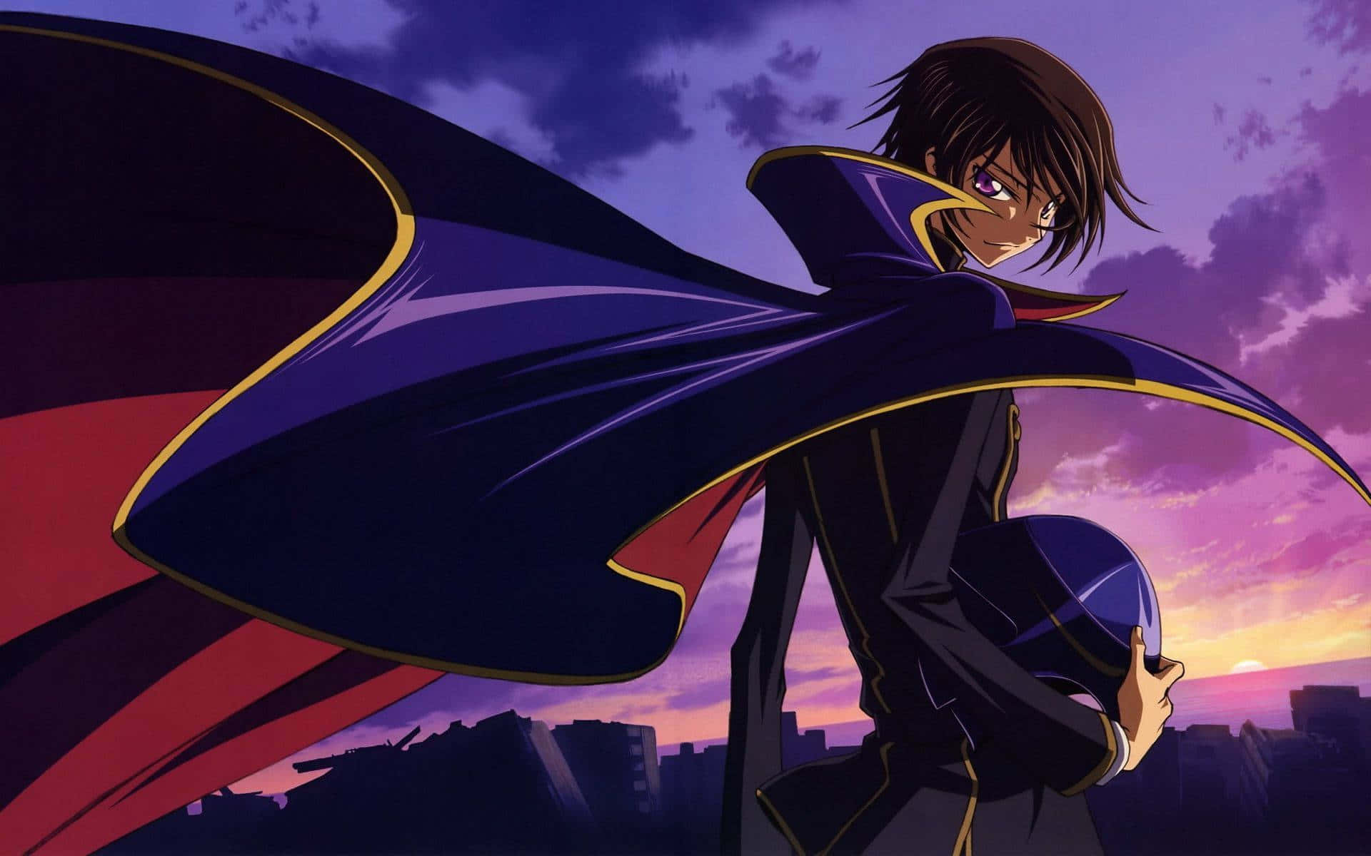 Code Geass 劍崎 艾斯福德學院制服圖 壁紙 — 一個自信的動漫角色穿著飄逸的紫色斗篷，站在城市景觀之上，背景是充滿活力的紫色和橙色日落天空。