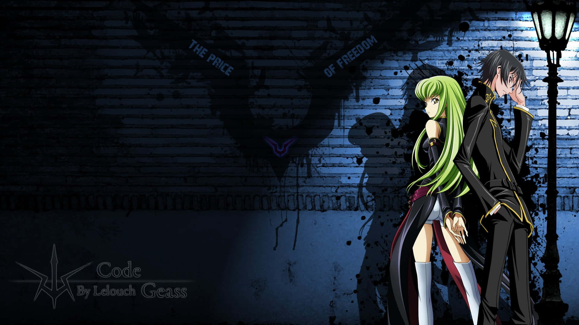 Code Geass 劍崎與C.C.背對背圖 壁紙 — 兩個動漫角色在深藍色夜空下，背光站在街燈前，背景是塗鴉覆蓋的磚牆。