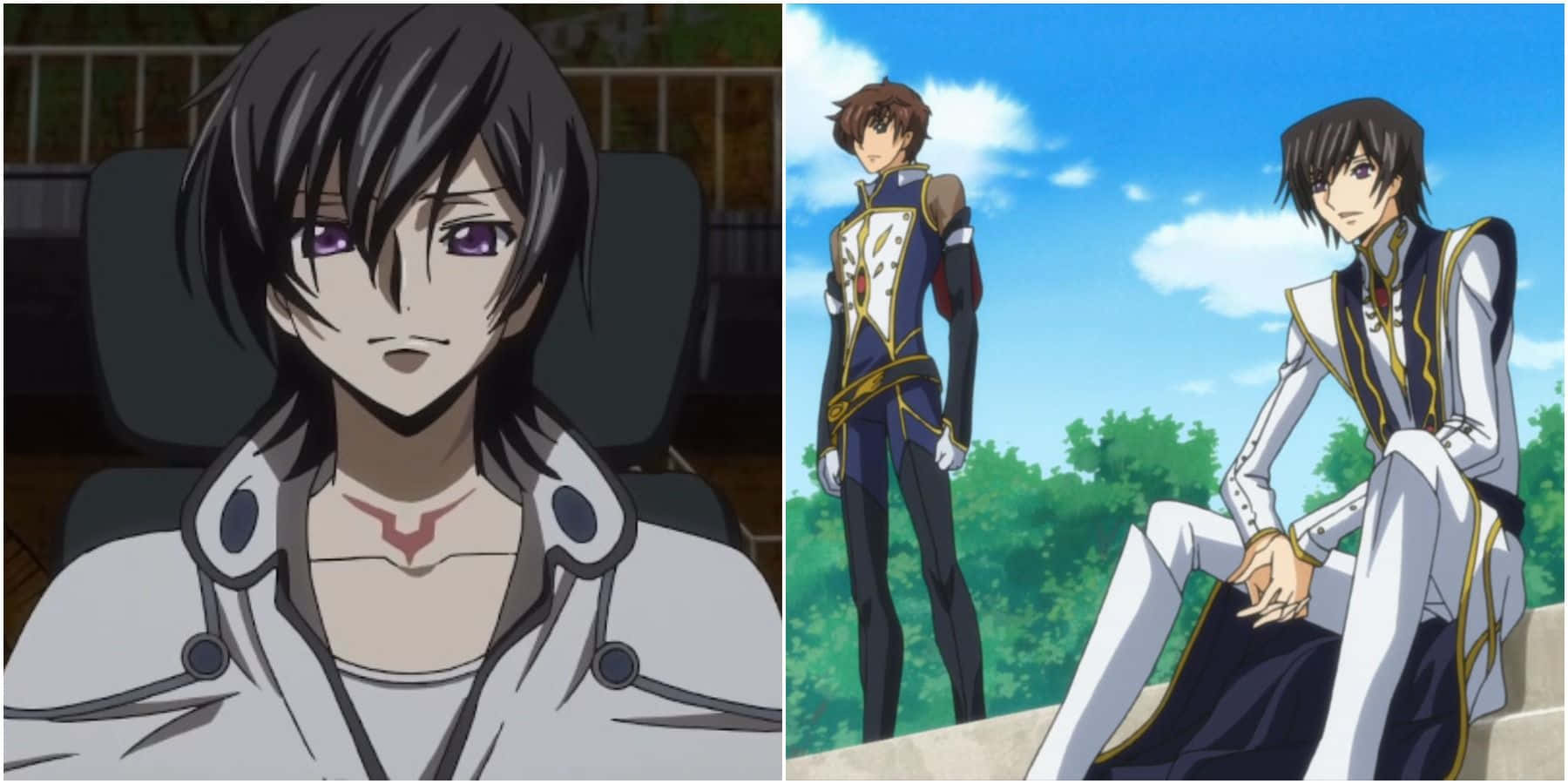 Code Geass 动画剑崎图 壁紙 — 穿著精細制服嘅動漫角色，一個坐喺室內，另一個喺藍天綠樹下嘅室外。