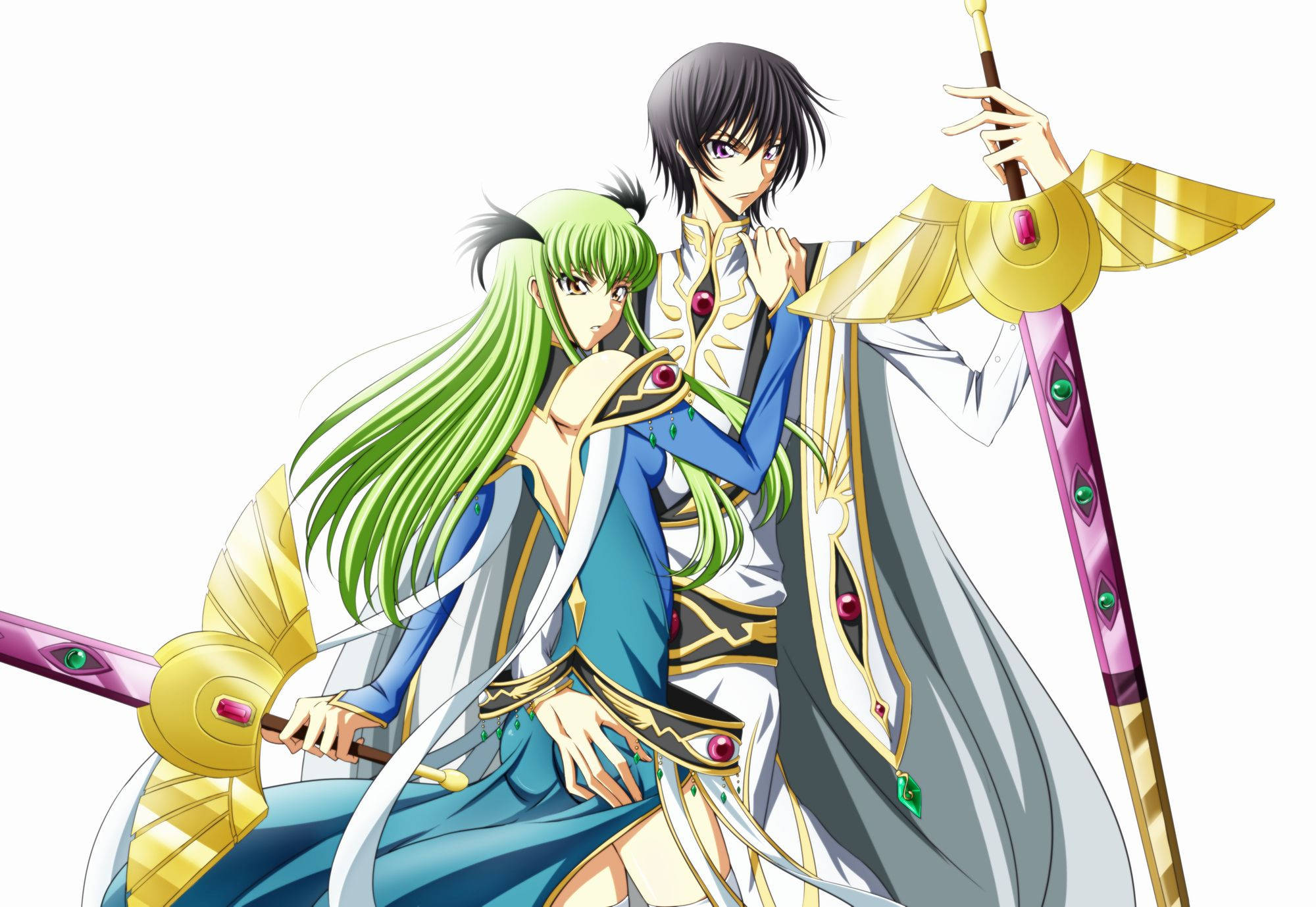 《Code Geass 反叛的魯路修》動漫情侶 壁紙 — 兩個動漫角色穿著華麗的藍色和金色服裝，手持鑲有寶石的法杖，背景為純白色。