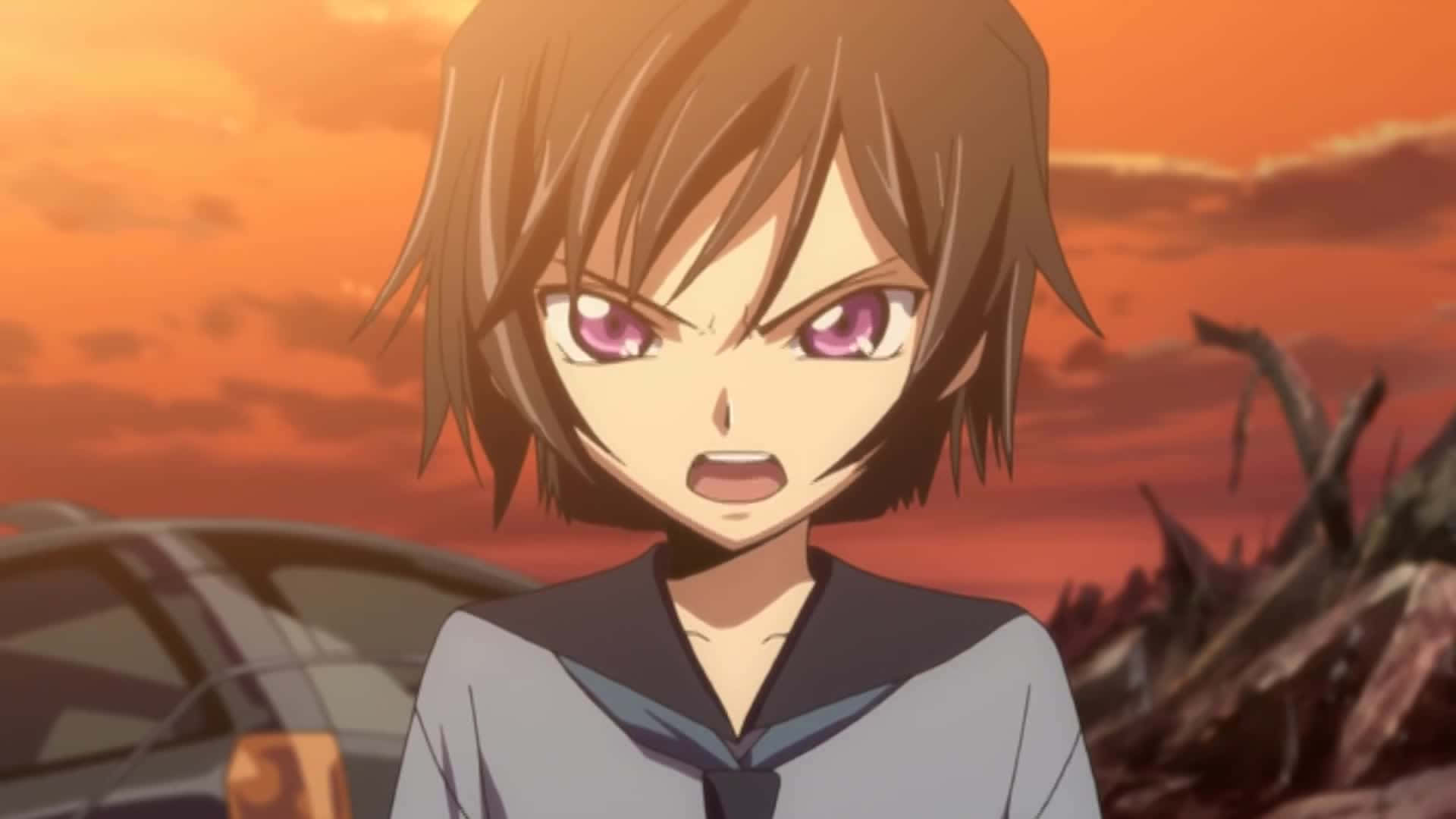 Code Geass 可愛年輕劍崎圖 壁紙 — 一位紫眼棕髮的動漫女孩，在火紅的橙色夕陽天空下凝視著。