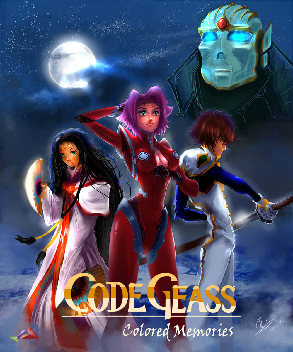 Code Geass 彩色回憶圖 壁紙 — 三個動漫角色站在發光的月亮前，一個巨大的機械頭顱在繁星點點的夜空中若隱若現。