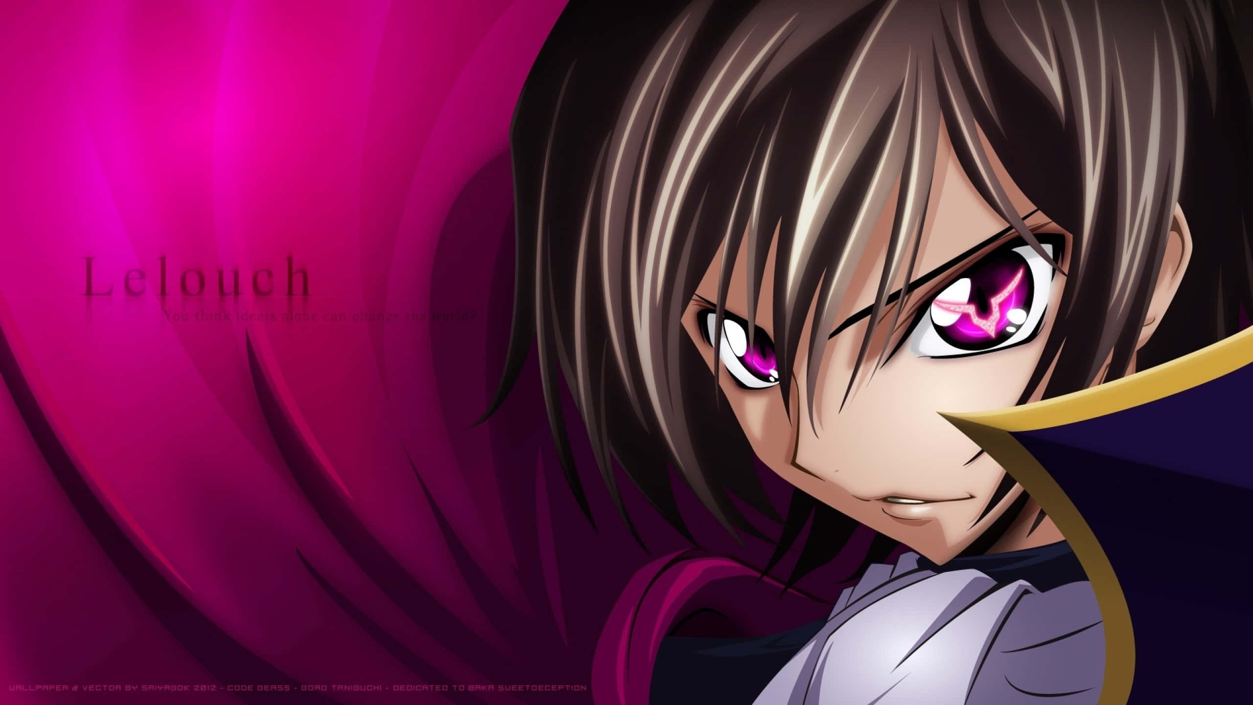 Code Geass 愤怒 Lelouch 圖 壁紙 — 動漫角色魯路修，擁有發光的粉紅色眼睛和深色頭髮，背景是旋轉的洋紅色。