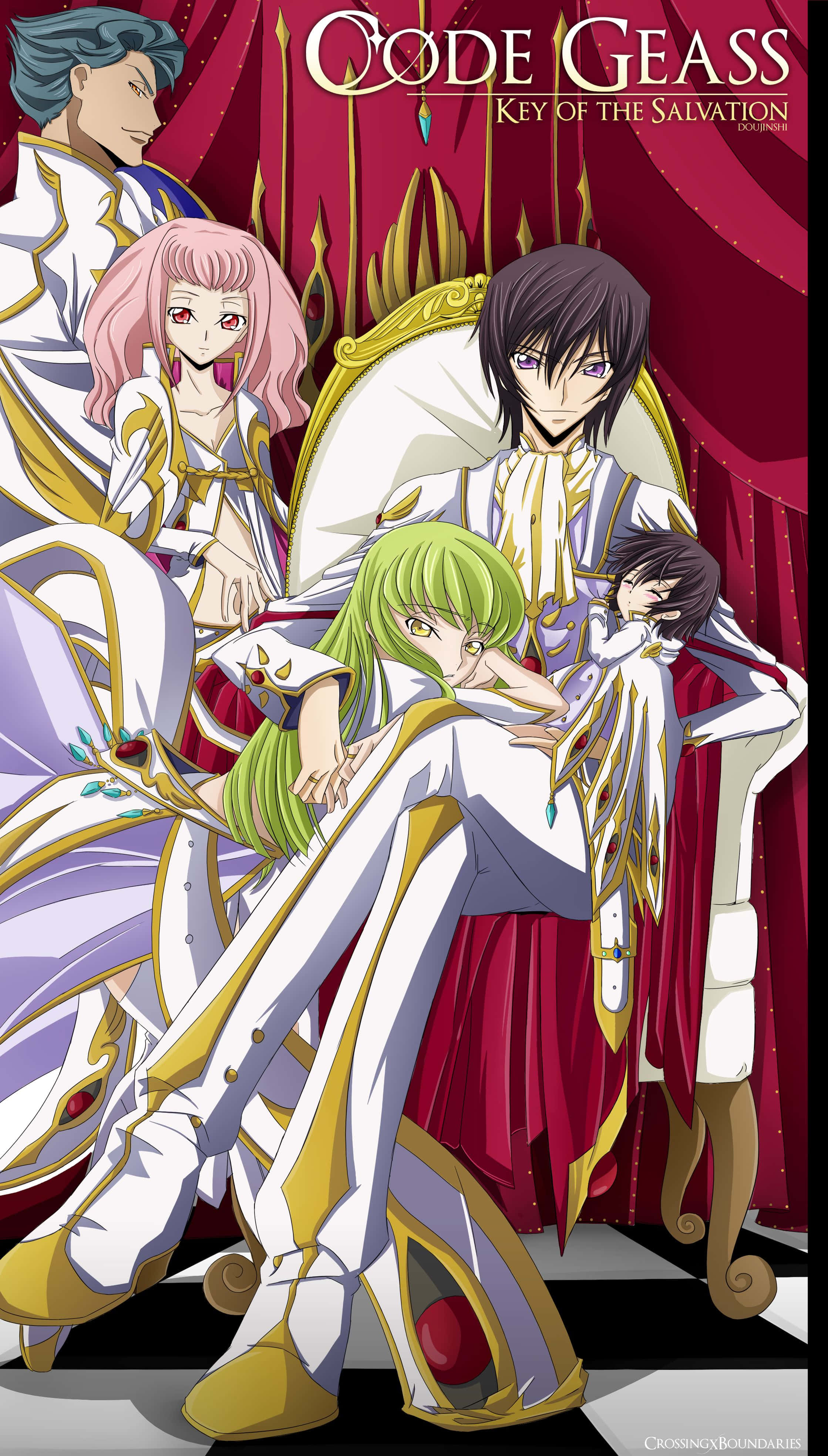 《Code Geass》救贖之鑰海報圖像 壁紙 — 動漫角色身穿白色和金色的皇室服裝，在紅色窗簾背景和華麗的寶座前戲劇性地擺姿勢。