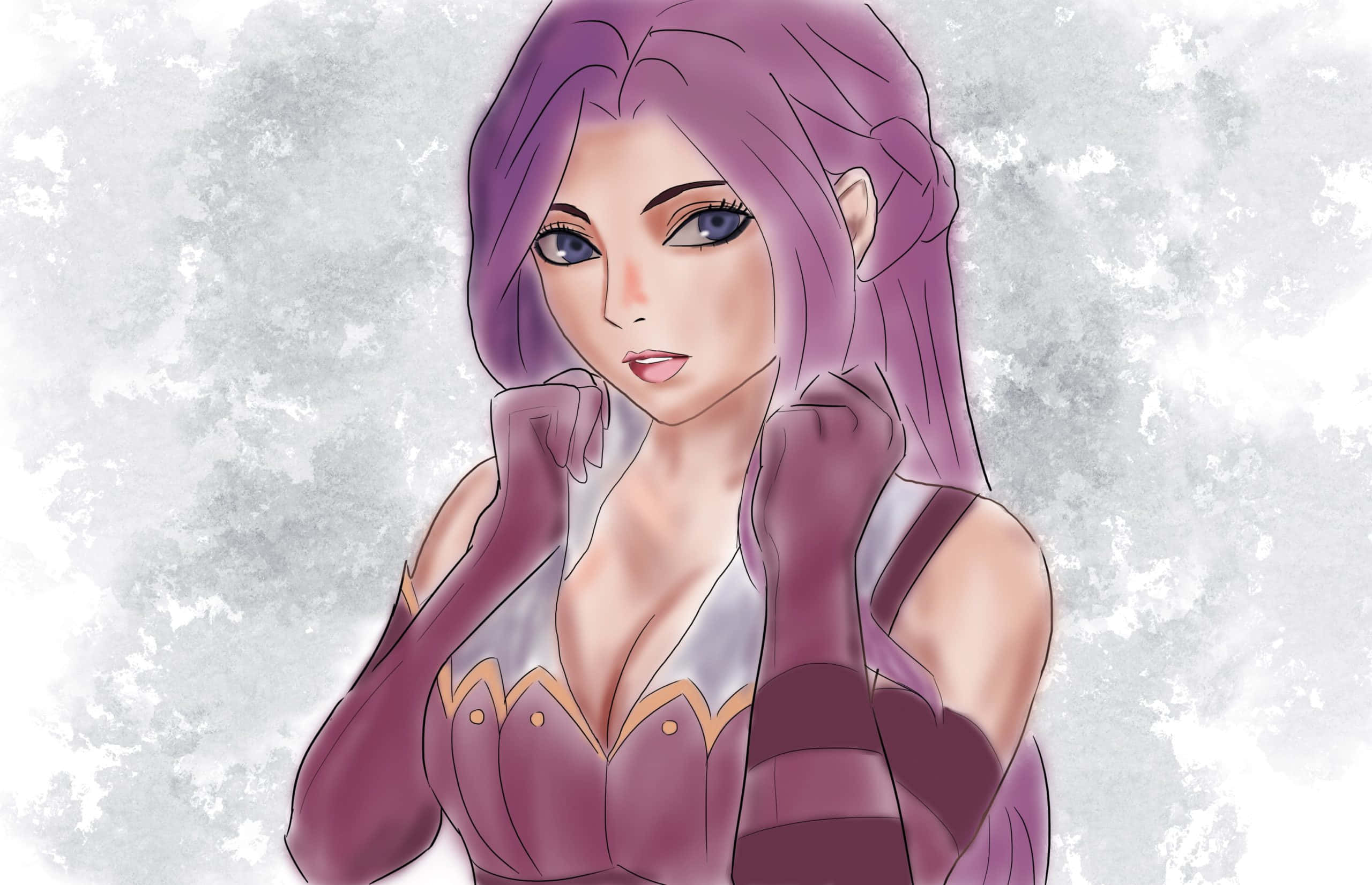 《Code Geass》柯妮莉亞·李·不列顛尼亞圖像 壁紙 — 一位紫髮動漫女孩穿著精緻的紫色服裝，在紋理灰色背景前自信地擺姿勢。