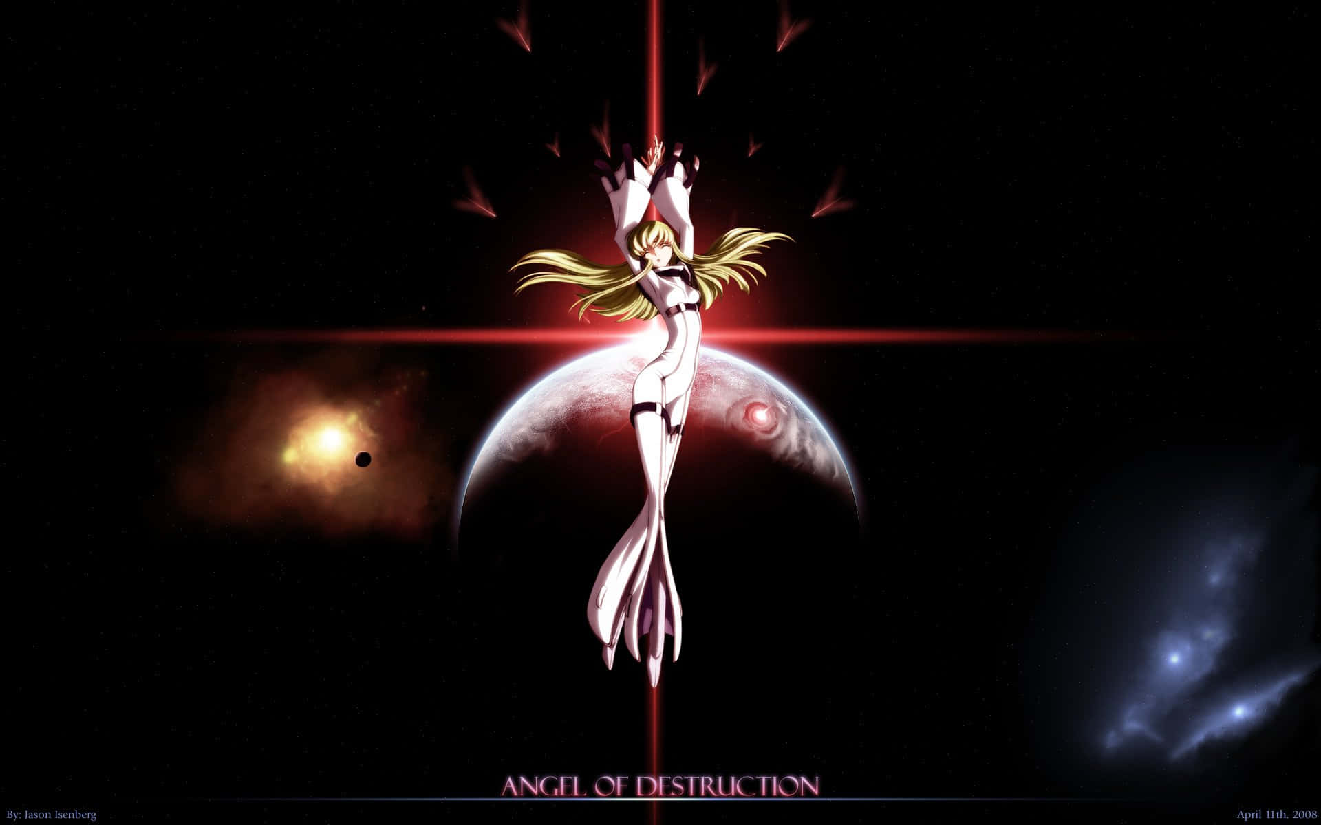 《Code Geass》毀滅天使圖像 壁紙 — 一位金髮動漫天使身穿白色盔甲，漂浮在一顆行星之上，雙臂高舉，紅色能量光束刺穿宇宙虛空。