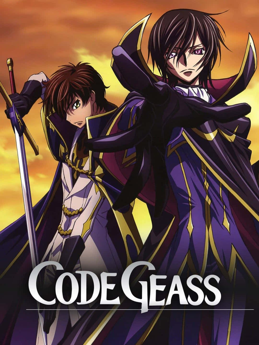 《Code Geass》裝甲蘇_Zero與魯路修圖像 壁紙 — 兩個身穿紫色和金色斗篷的動漫角色，拔劍站在熾熱的日落天空前。