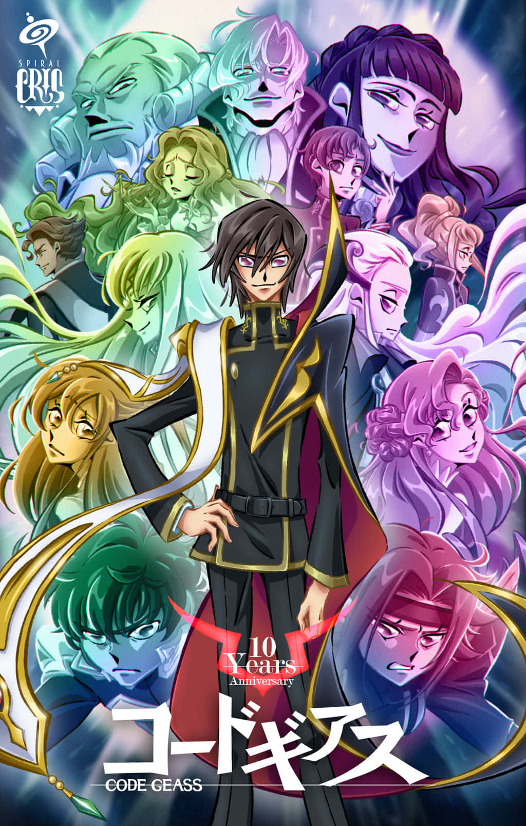 Code Geass 角色海報圖 壁紙 — 一張充滿活力的動畫海報，慶祝《Code Geass》10週年，中心角色被各種色彩繽紛的角色環繞，背景是發光的宇宙。