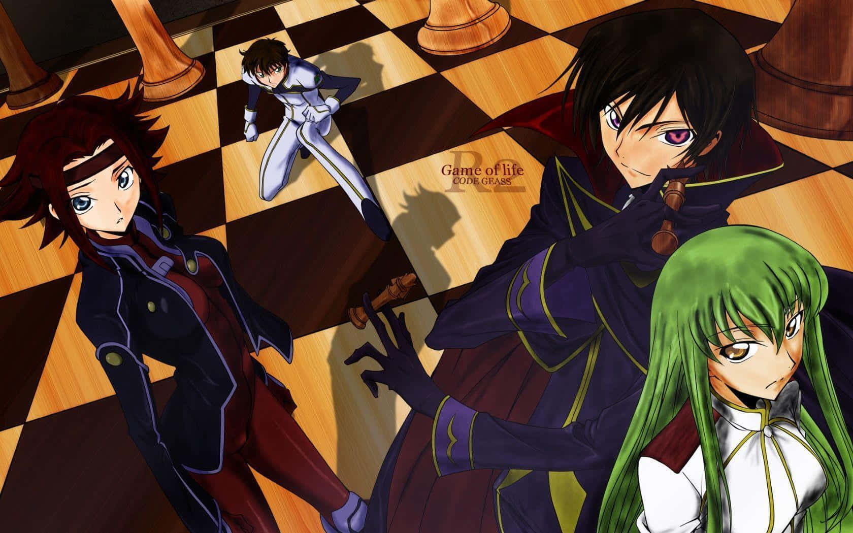 Code Geass 路西法、C.C、卡蓮與紗倉圖 壁紙 — 動漫角色在巨型棋盤上擺出戲劇性姿勢，高聳的棋子投下長長的陰影。