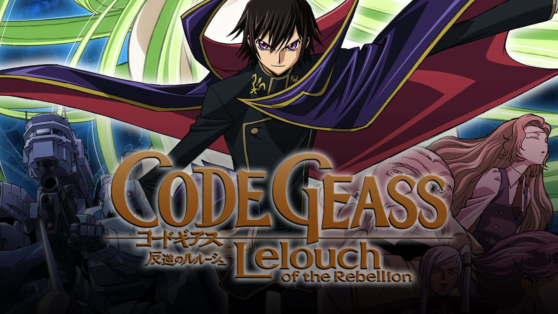 Code Geass 路西法叛逆者圖 壁紙 — 一張戲劇性的動畫海報，描繪了魯路修披著飄逸的斗篷，背景是旋轉的綠色和藍色，還有機甲和女性角色。