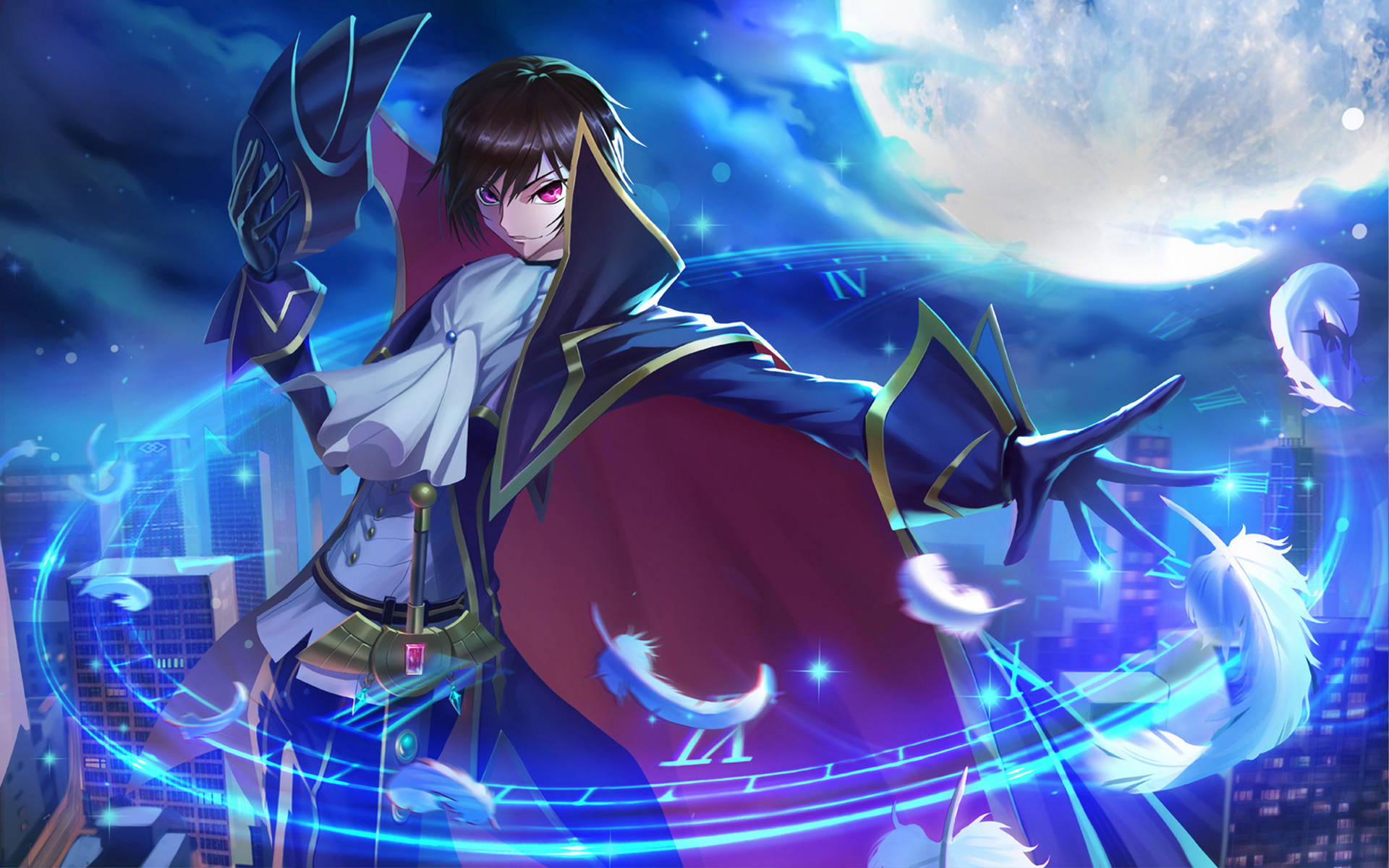Code Geass 零：魯路修 壁紙 — 一位黑髮動漫法師身穿紅色斗篷，在月光下的城市天際線前揮舞著發光的藍色魔法。