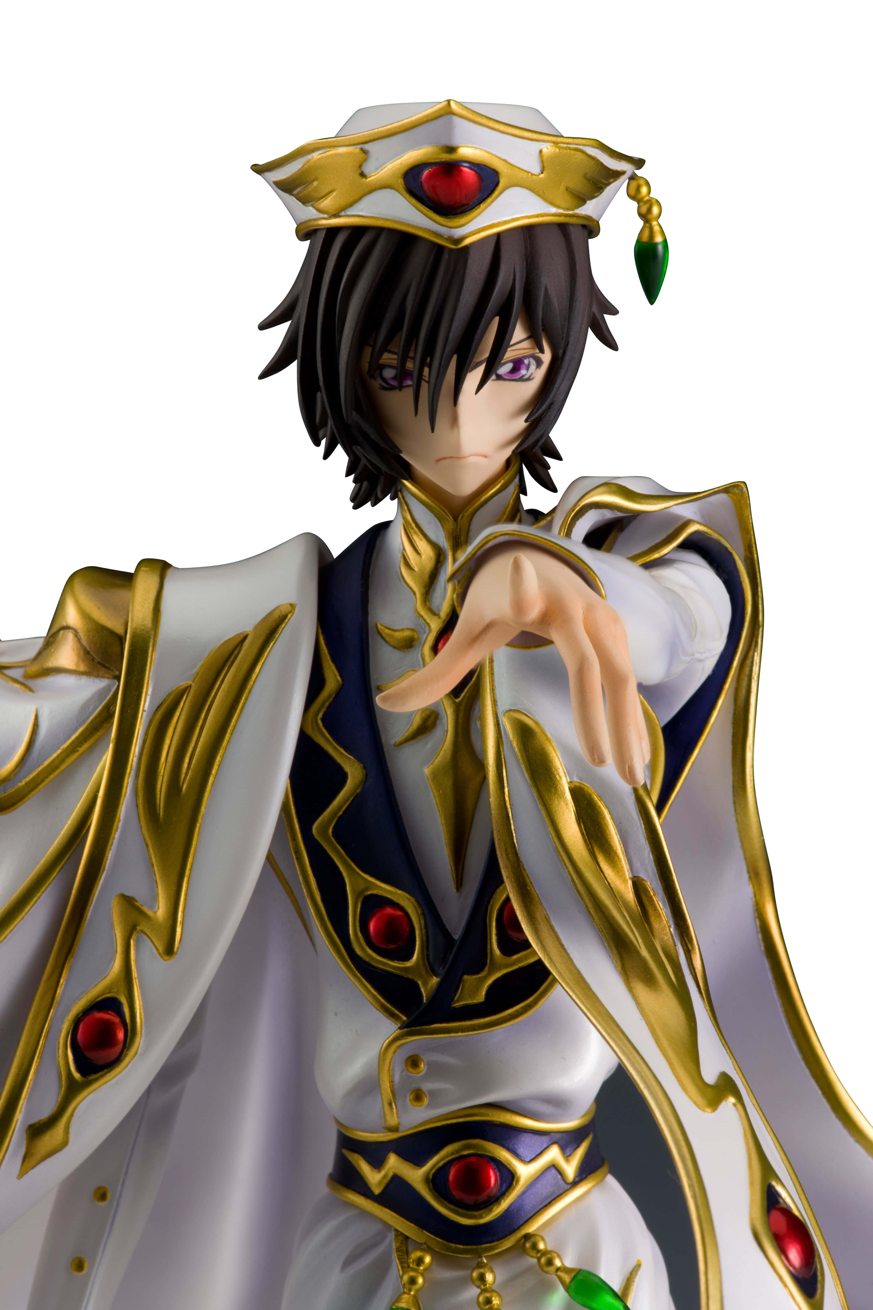 《Code Geass》魯路修·蘭佩路基圖像 壁紙 — 白色金色和紅色皇家服飾的動漫人物，戴著皇冠，在白色背景上伸出手。