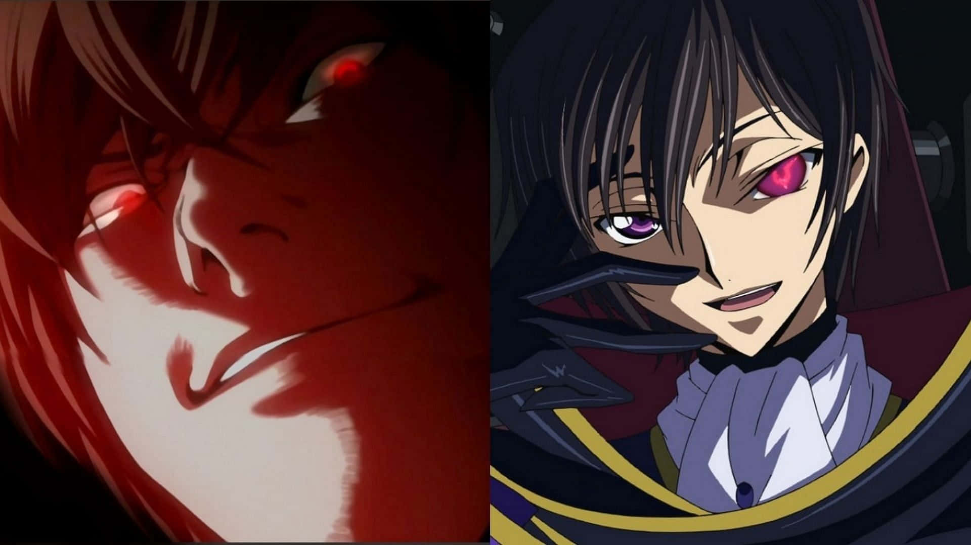 Code Geass 魯路修紅眼畫面 壁紙 — 兩個動漫角色，眼睛發出紅色和粉紅色的光芒，在黑暗背景下露出威脅性的笑容。