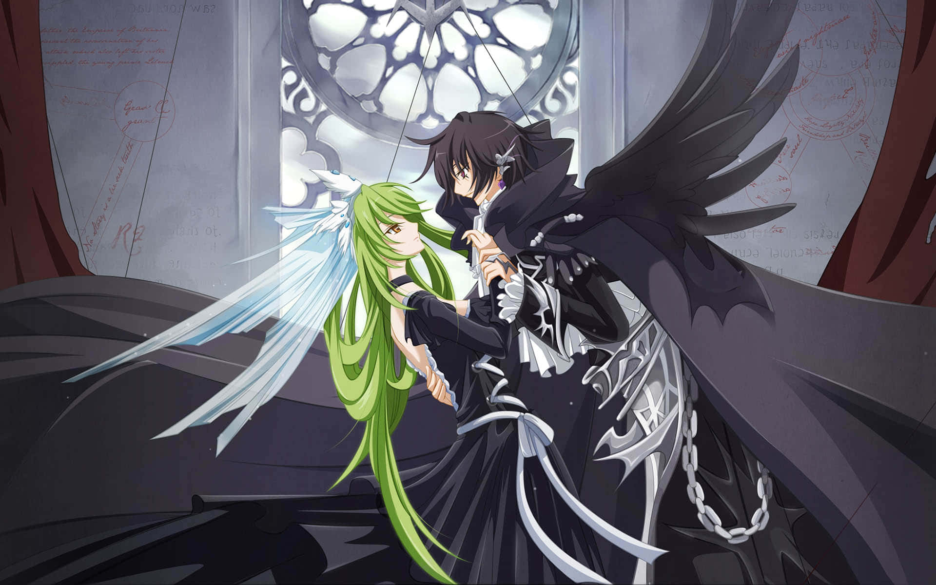 《Code Geass》魯路修與C.C.甜蜜時刻圖像 壁紙 — 一個深色翅膀的動漫角色在彩繪玻璃窗下擁抱一個綠髮天使般的人物。