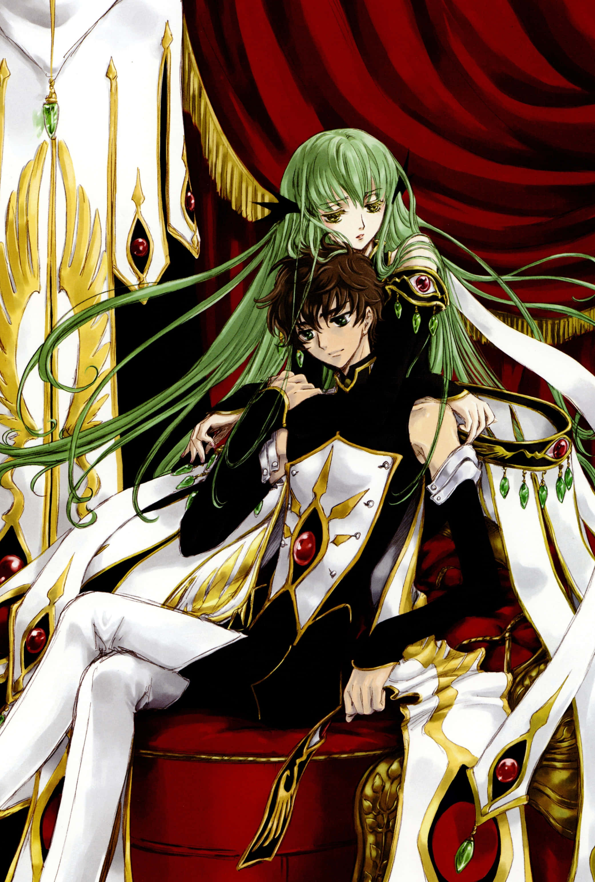 《Code Geass》魯路修與C.C.同坐寶座圖像 壁紙 — 兩個身穿華麗白色和金色制服的動漫角色坐在紅色寶座上，背景是紅色帷幔和金色尖塔。