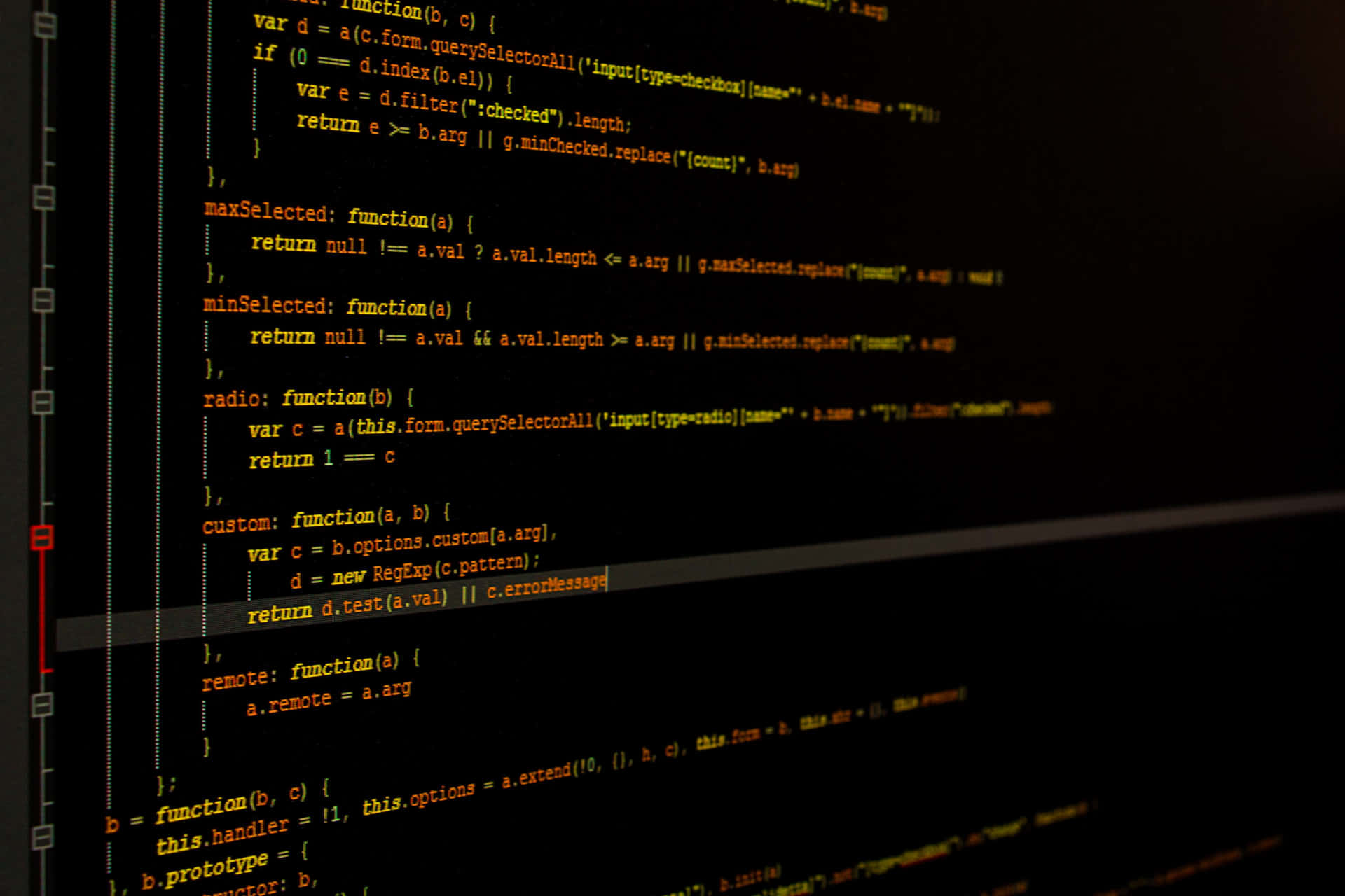 發光綠色 JavaScript 程式碼在黑暗螢幕上滾動，帶有標尺線。