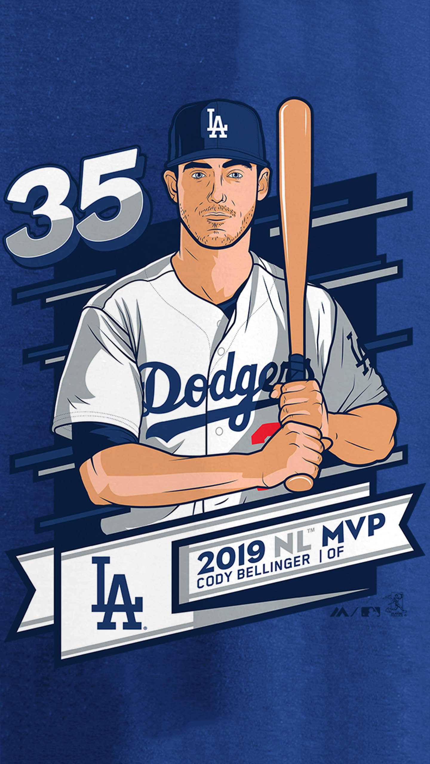 Cody Bellinger 數位藝術 壁紙 — 插圖棒球手Cody Bellinger身穿道奇隊制服，手持球棒，並有2019年國聯MVP橫幅，背景為藍色。