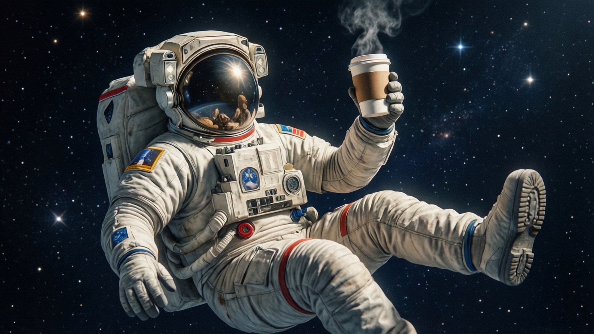 穿著太空衣的太空人正在喝咖啡，背景有星星