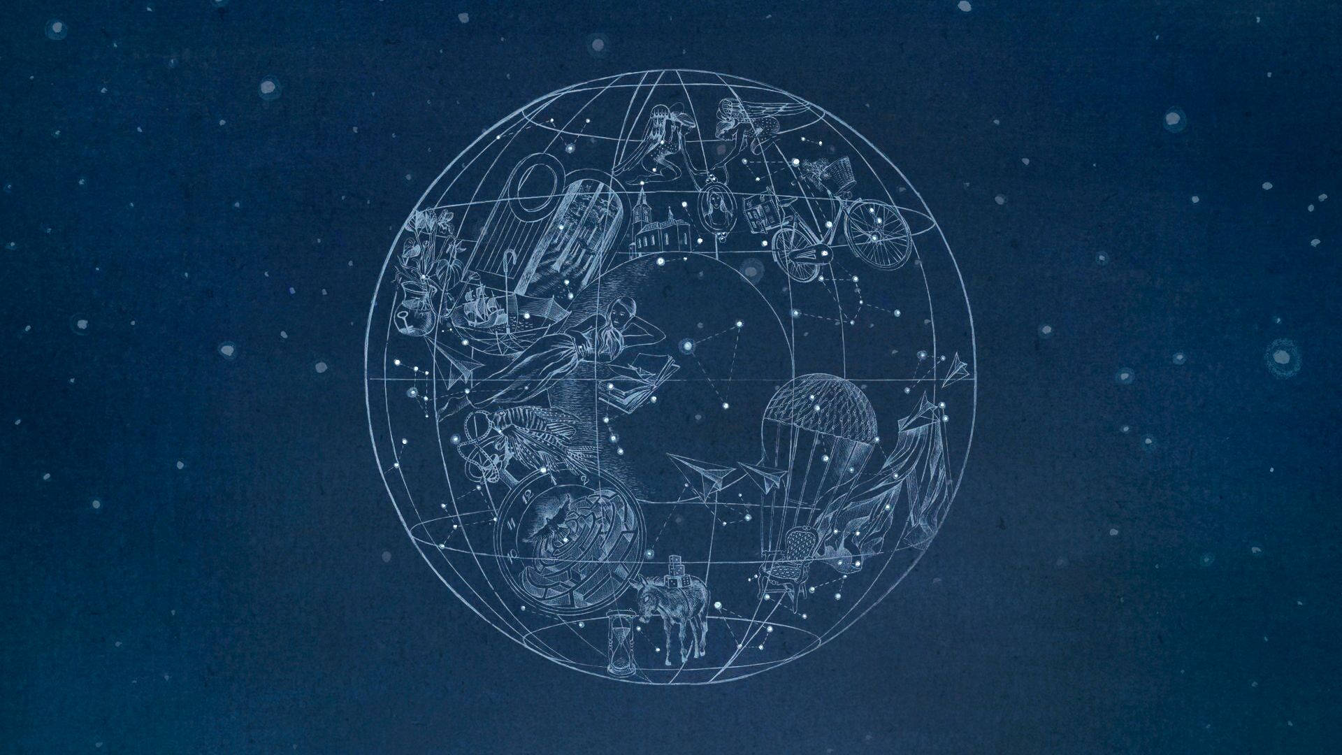 Coldplay《Ghost Stories》地球儀封面 壁紙 — 一個刻有黃道十二星座的天球在繁星點點的午夜藍色天空中閃耀。