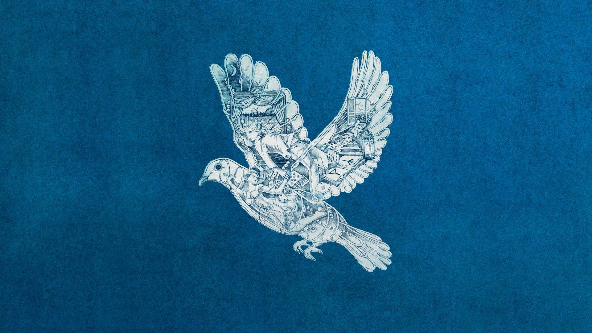 Coldplay《Ghost Stories》專輯封面 壁紙 — 一隻帶有複雜機械翅膀和身體部位的鳥的詳細白色線條畫，在帶紋理的藍色背景上飛行。