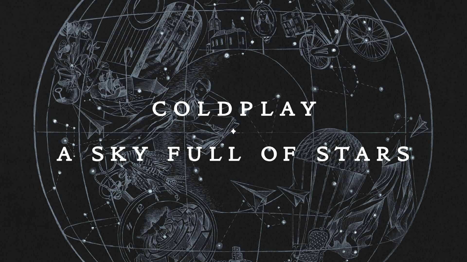Coldplay 的《A Sky Full of Stars》專輯封面藝術，以帶有線條繪畫的天球為特色。