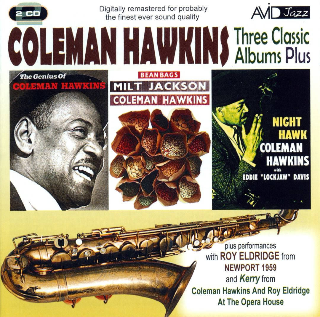 Coleman Hawkins 與 Milt Jackson 三大經典專輯合輯 壁紙 — 專輯封面 featuring Coleman Hawkins，配有復古爵士照片和金色薩克斯風，背景為黃色。