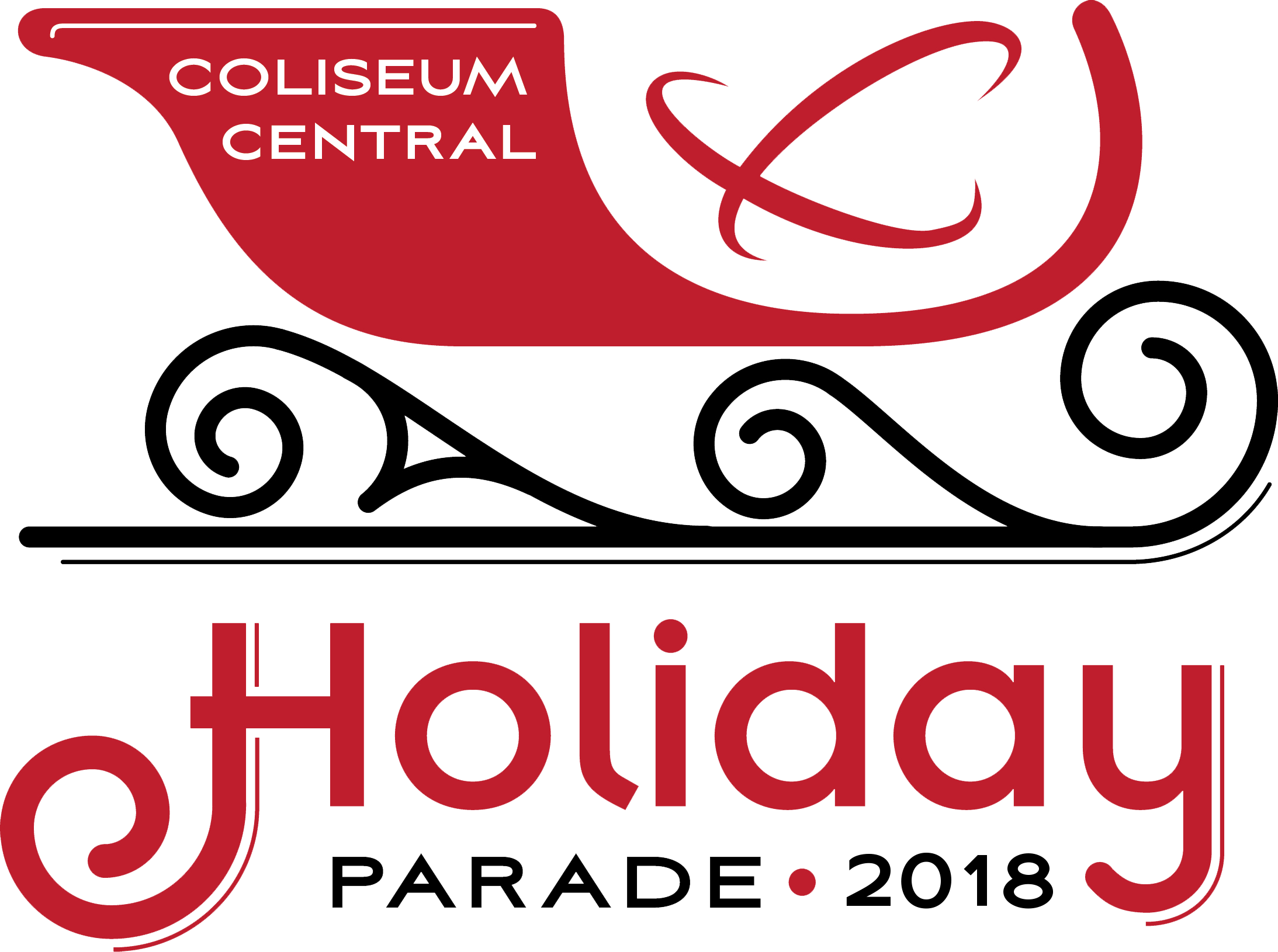 Coliseum Central 2018假日遊行標誌 壁紙 — 為Coliseum Central Holiday Parade設計的大膽圖形標誌，帶有紅色雪橇和旋轉的黑色捲曲花紋，背景為亮藍色。