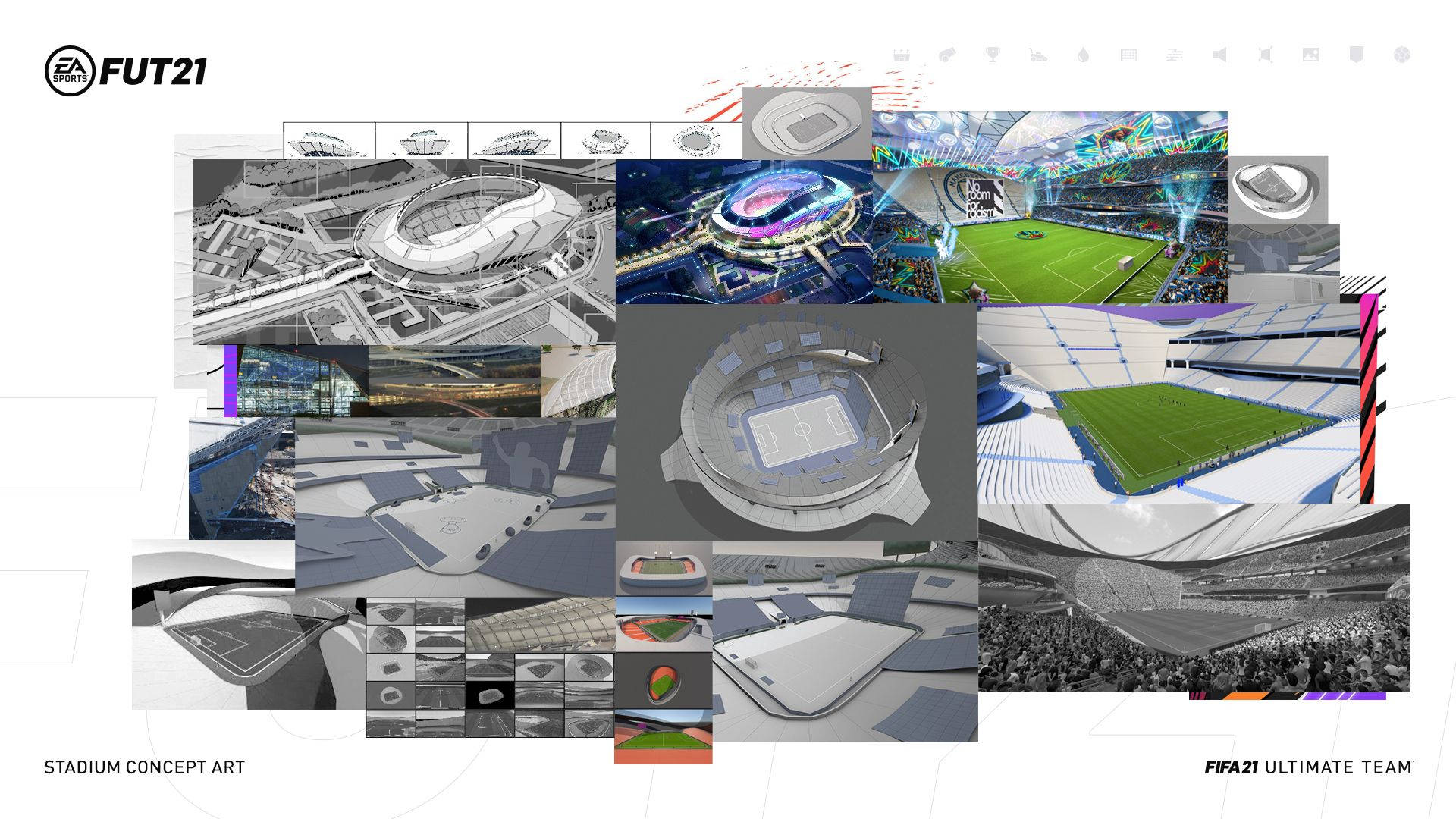 FIFA 21 Ultimate Team 球場概念藝術拼貼，具有未來風格設計和比賽場景。