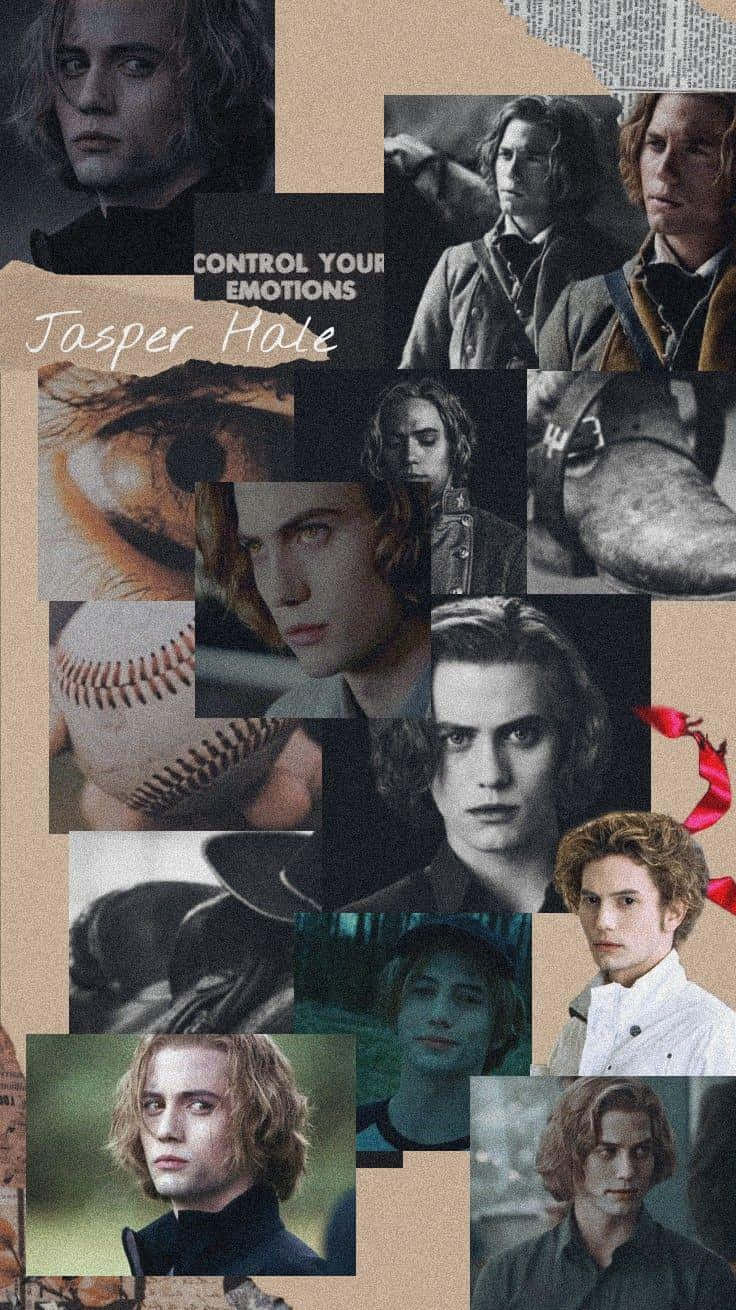  壁紙 — 一幅來自《吸血新世紀》的 Jasper Hale 拼貼畫，包含棒球和眼睛特寫，背景為有紋理的米色。