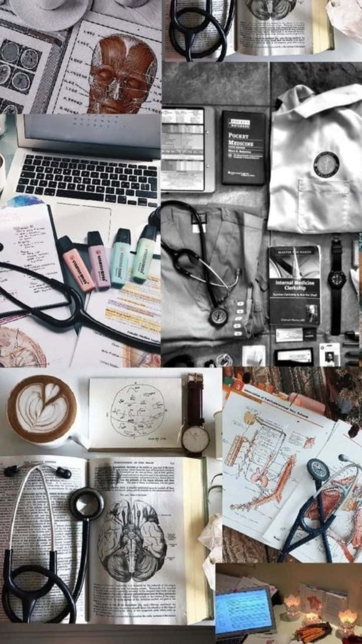  壁紙 — 一個醫學學習物品的拼貼，包括聽診器、解剖學書籍和咖啡，在學生的學習空間中。