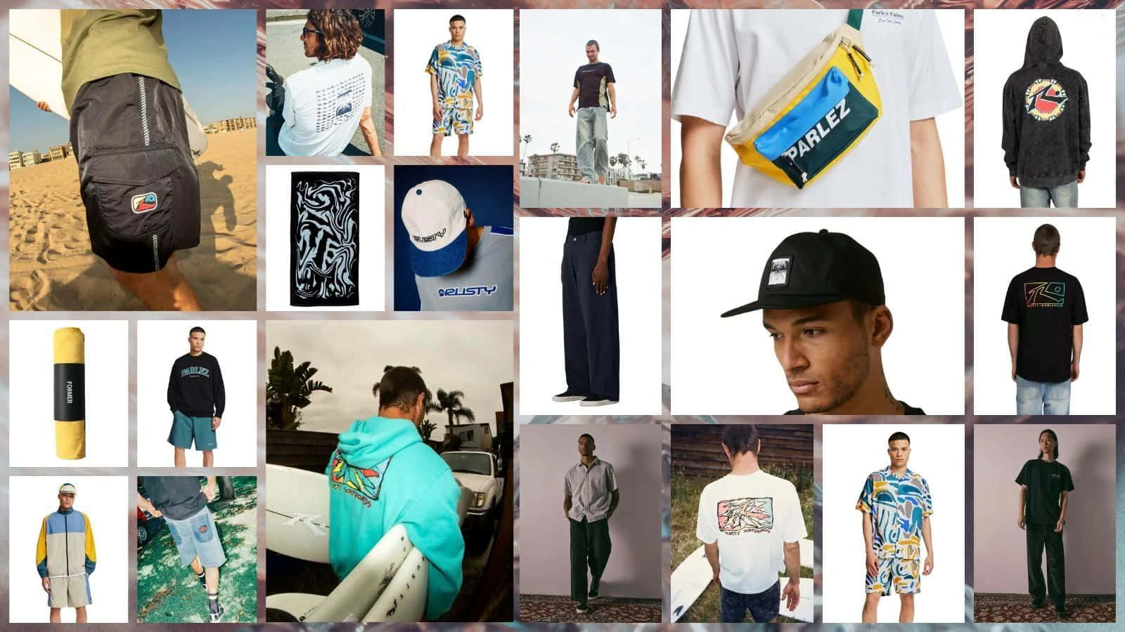  壁紙 — 一個拼貼畫，展示男性模特兒穿著色彩繽紛的街頭服飾，包括連帽衫、短褲和圖案T恤，在海灘、城市和工作室環境中。