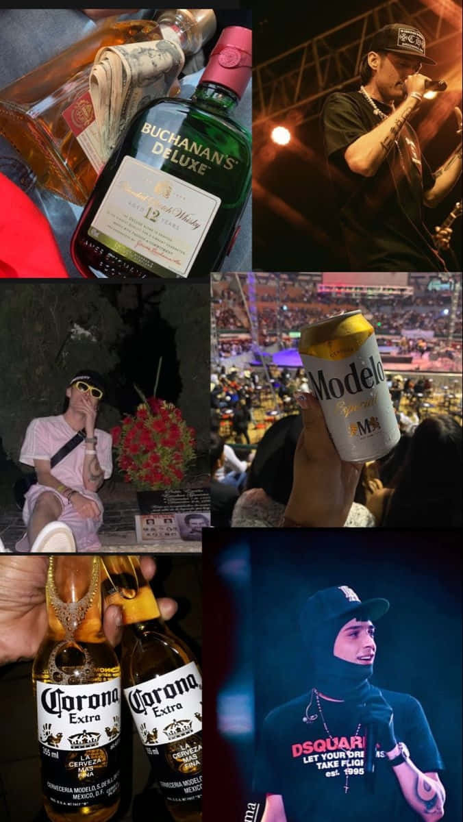 壁紙 — 一幅夜生活時刻的拼貼畫，包含威士忌酒瓶、啤酒罐以及人們在音樂會和派對上，置身於繽紛燈光下。