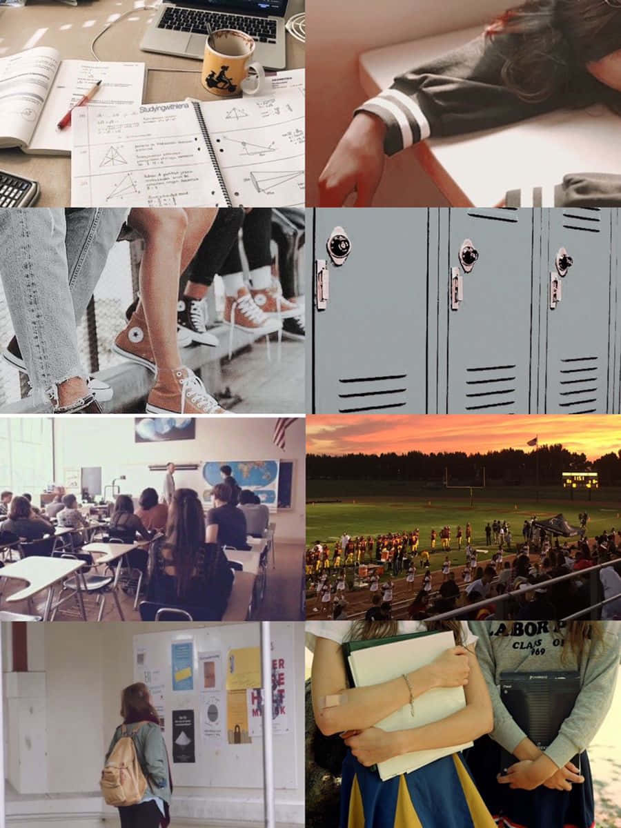 School Aesthetic 桌布 壁紙 — 學校生活時刻的拼貼：在書桌前學習、在課堂上睡覺、儲物櫃排、課室場景、日落時的足球場和拿著筆記本的學生。