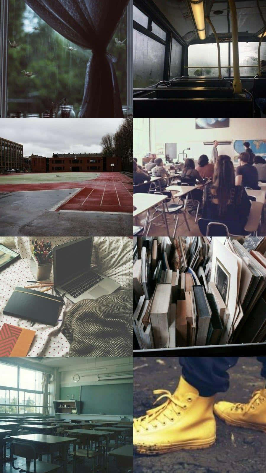 School Aesthetic 桌布 壁紙 — 一幅以學校為主題的拼貼畫，包括雨痕窗戶、巴士內部、田徑跑道、課室學生、美術用品和黃色靴子。