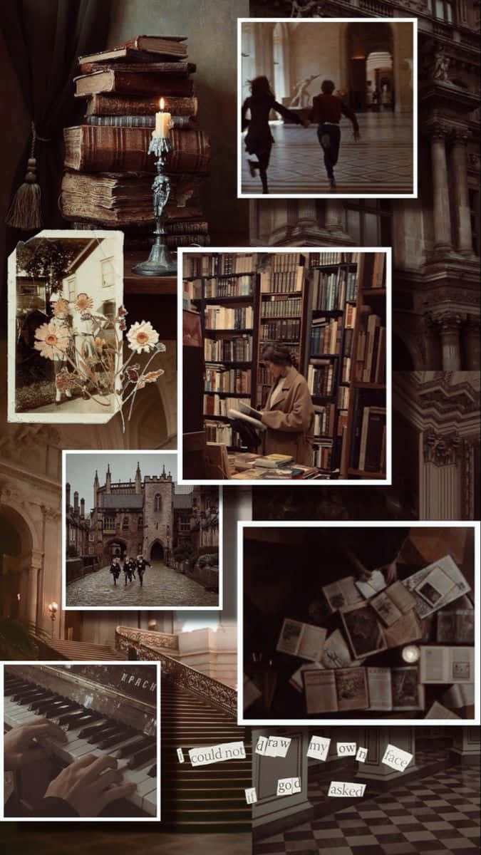 Dark Book Aesthetic 桌布 壁紙 — 一幅以書籍、宏偉圖書館、大教堂和彈鋼琴的手為主題的懷舊啡調場景拼貼畫，喚起懷舊與靜思。