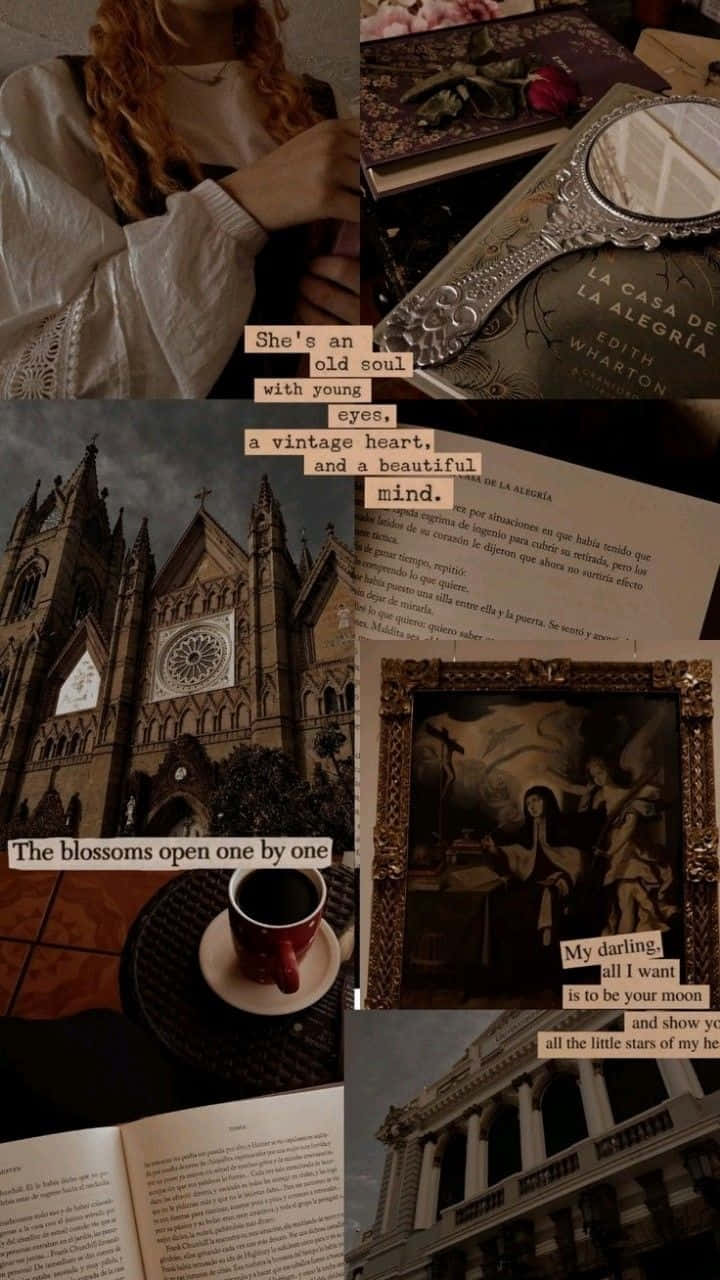 Dark Book Aesthetic 桌布 壁紙 — 復古書頁、詩歌引言和經典建築的拼貼畫，喚起懷舊和文學浪漫。