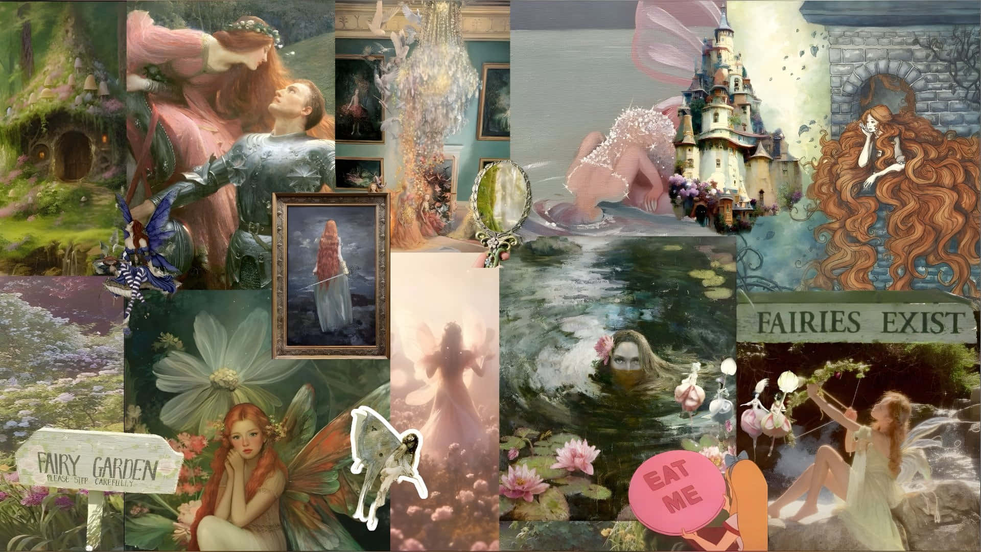  壁紙 — 一幅奇幻仙子插圖的拼貼畫，描繪了在魔法花園、城堡和水景中的空靈生物，採用柔和的粉彩調和夢幻般的燈光。