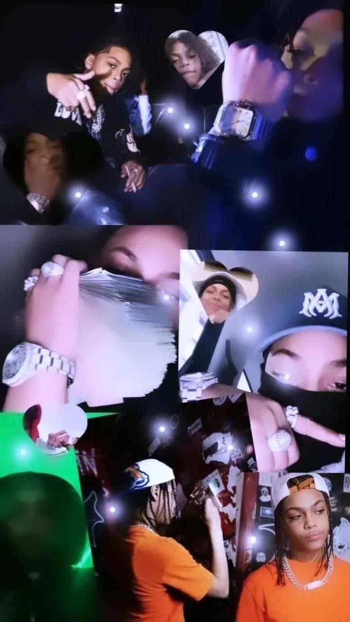 Sugarhill Ddot 桌布 壁紙 — 年輕男子在昏暗環境中，在閃爍燈光下展示奢華手錶、戒指和現金的拼貼畫。