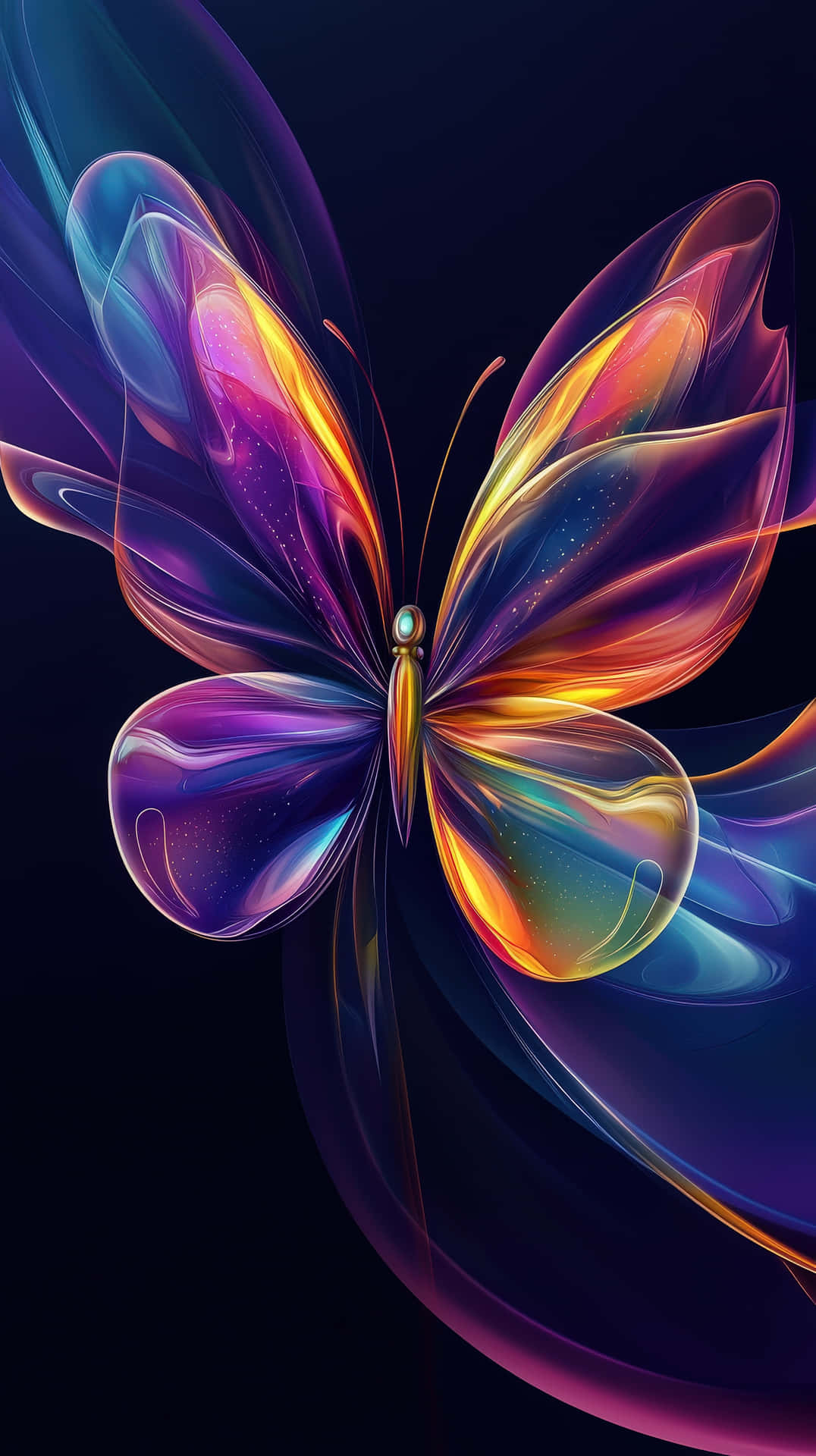 Colorful abstract butterfly with glowing translucent wings 壁紙 — 一隻發光的抽象蝴蝶，帶有彩虹色的翅膀，在深邃的宇宙藍色背景上流動。