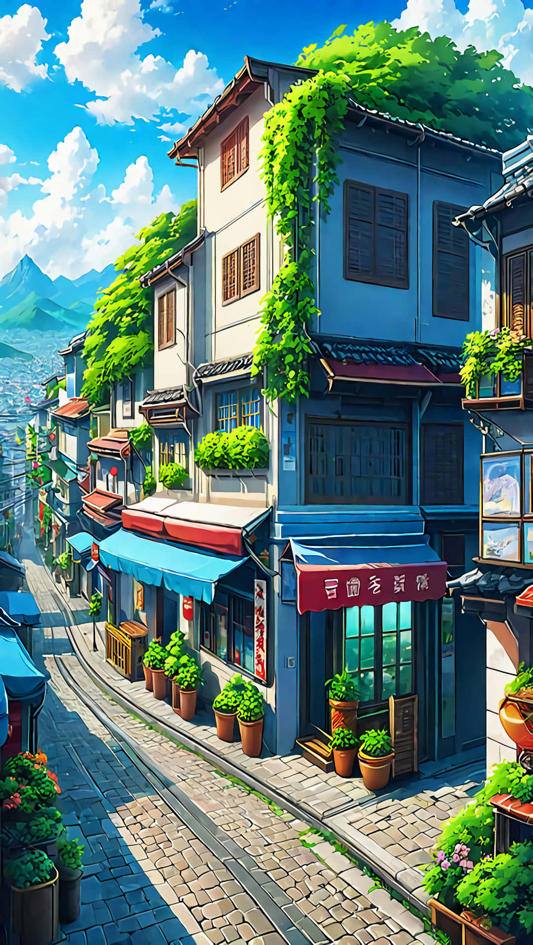 Colorful Anime Cityscape Wallpaper 壁紙 — 一條充滿活力的動漫風格街道，藍色建築物被茂密的綠色藤蔓和盆栽植物覆蓋，在明亮的陽光下。