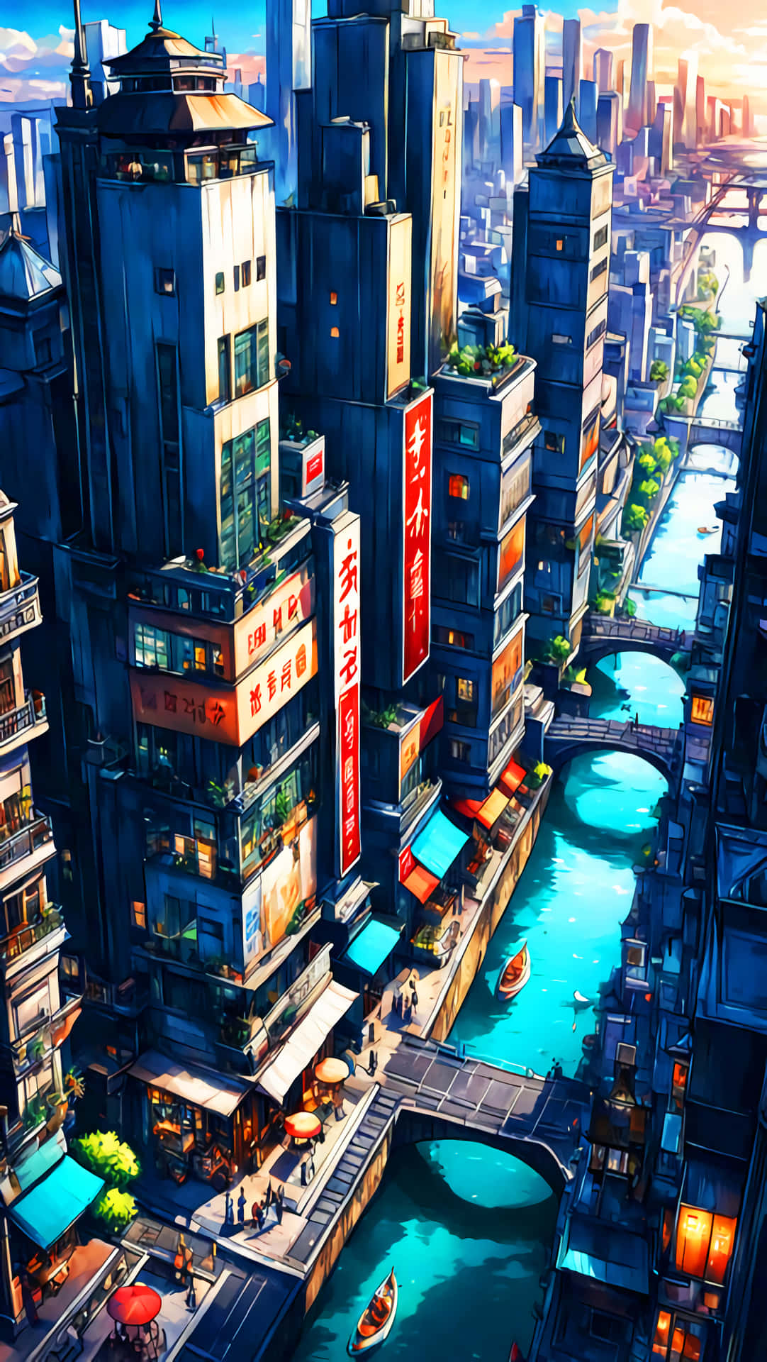 未來城市景觀，有高樓大廈、發光標誌和一條有船隻和橋樑的運河。